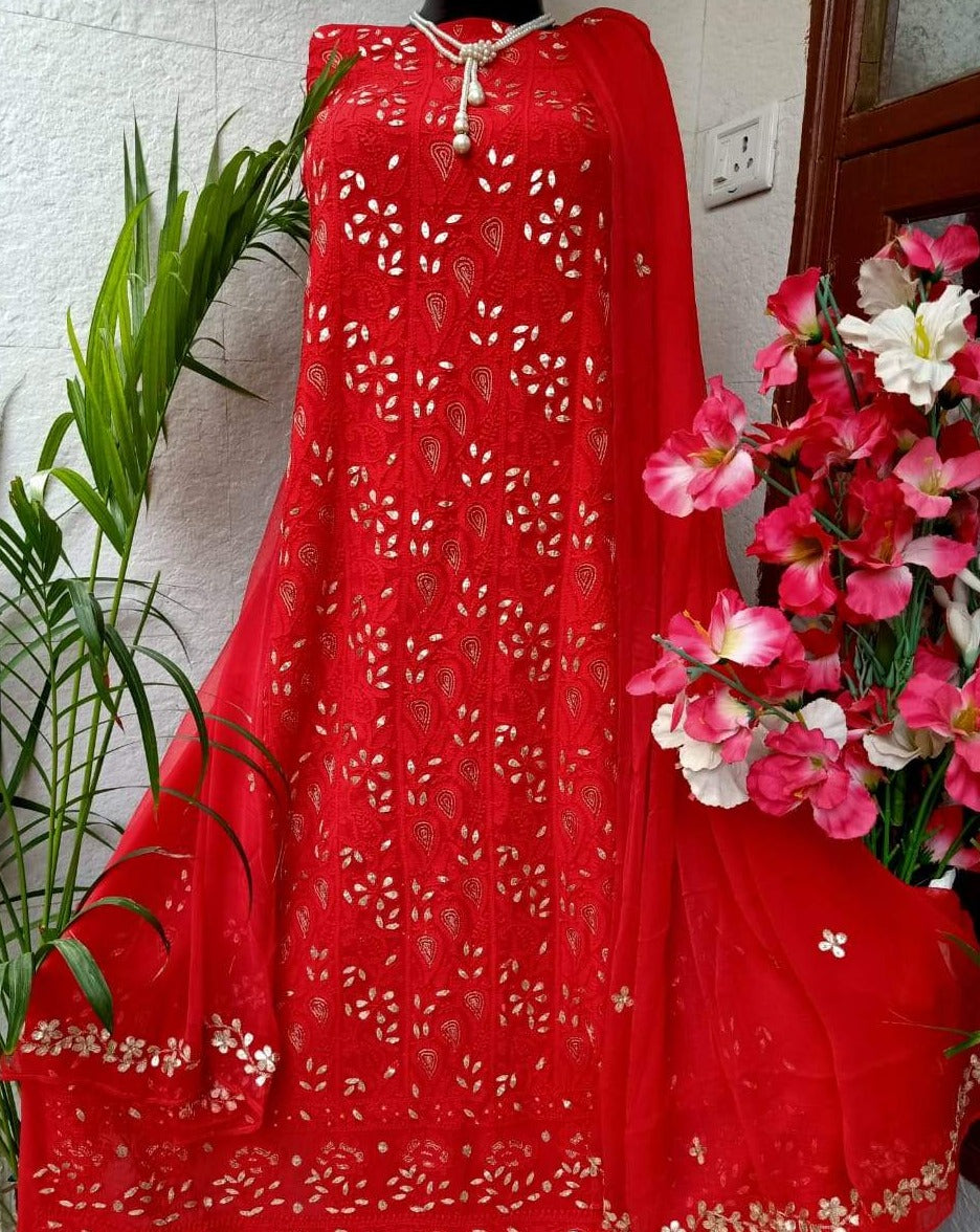 Red Heavy Lucknowi Chikankari Gota Unstitched Salwar Suit| Premium