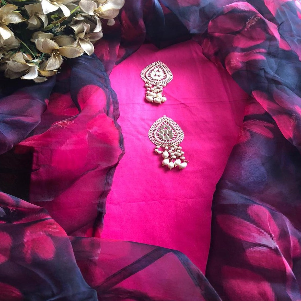 Hotpink Salwar Suit With BlackOrganza Dupatta ,Salwar Suits With Bandhej Dupatta, Multicolor Dupatta Online