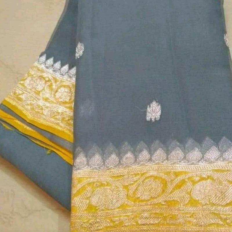 Grey and Lemon Yellow Banarasi Khaddi Georgette Saree,Wedding Saree, Indian Sarees, Online Sarees