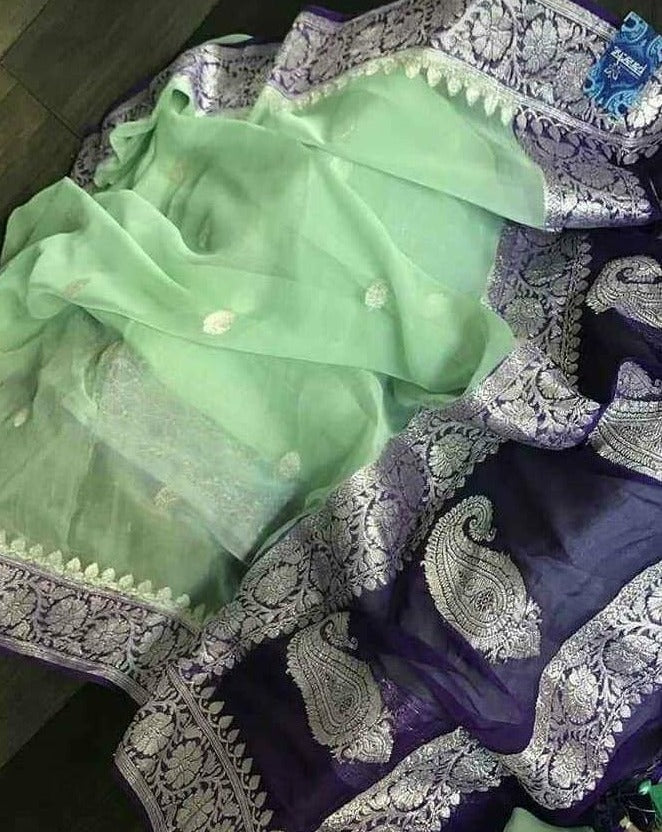Sea Green Blue Banarasi Khaddi Georgette Saree,Wedding Saree, Indian Sarees, Online Sarees