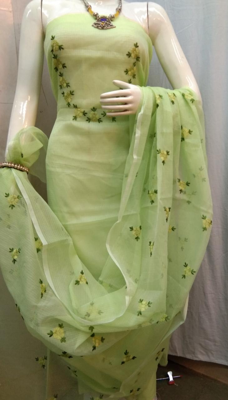 Shop Kota Doria Embroidery Work Suit In Green kota doria cotton