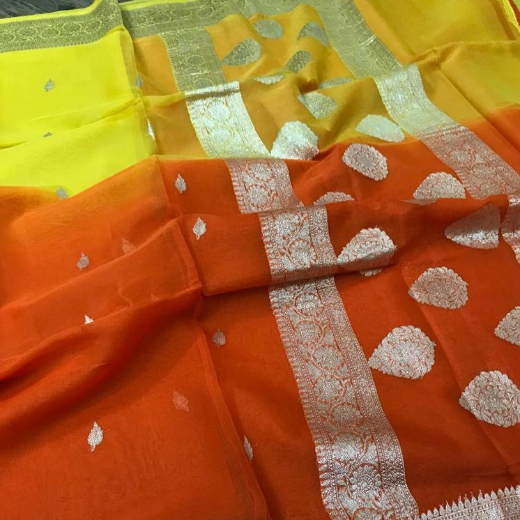 Banarasi Chiffon Shaded Khaddi Saree In YellowOrange - jhakhas.com