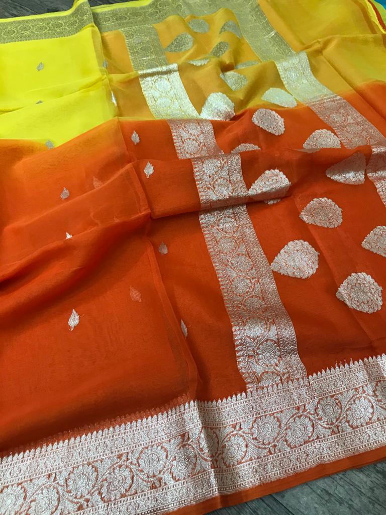 Unique Banarasi Chiffon Khaddi Saree In Yellow Orange Ombre