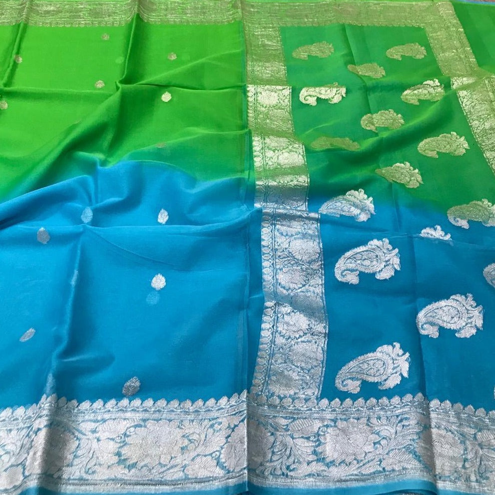 Banarasi Chiffon Shaded Khaddi Saree In BlueGreen - jhakhas.com