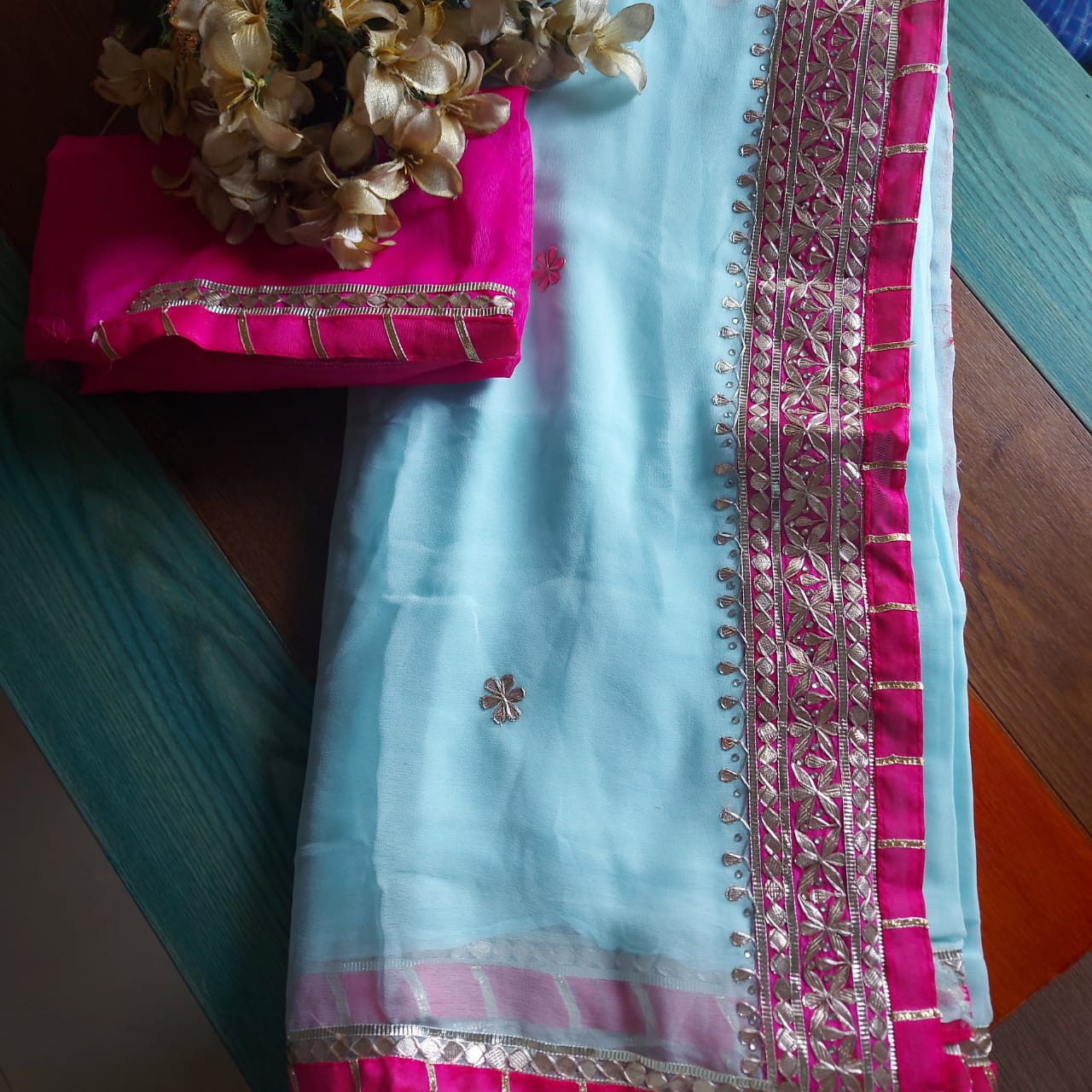 Skyblue Gota Patti Saree Pink Border,Shop Now,Rajputi Chiffon Saree,Grab Now,Leheriya Saree