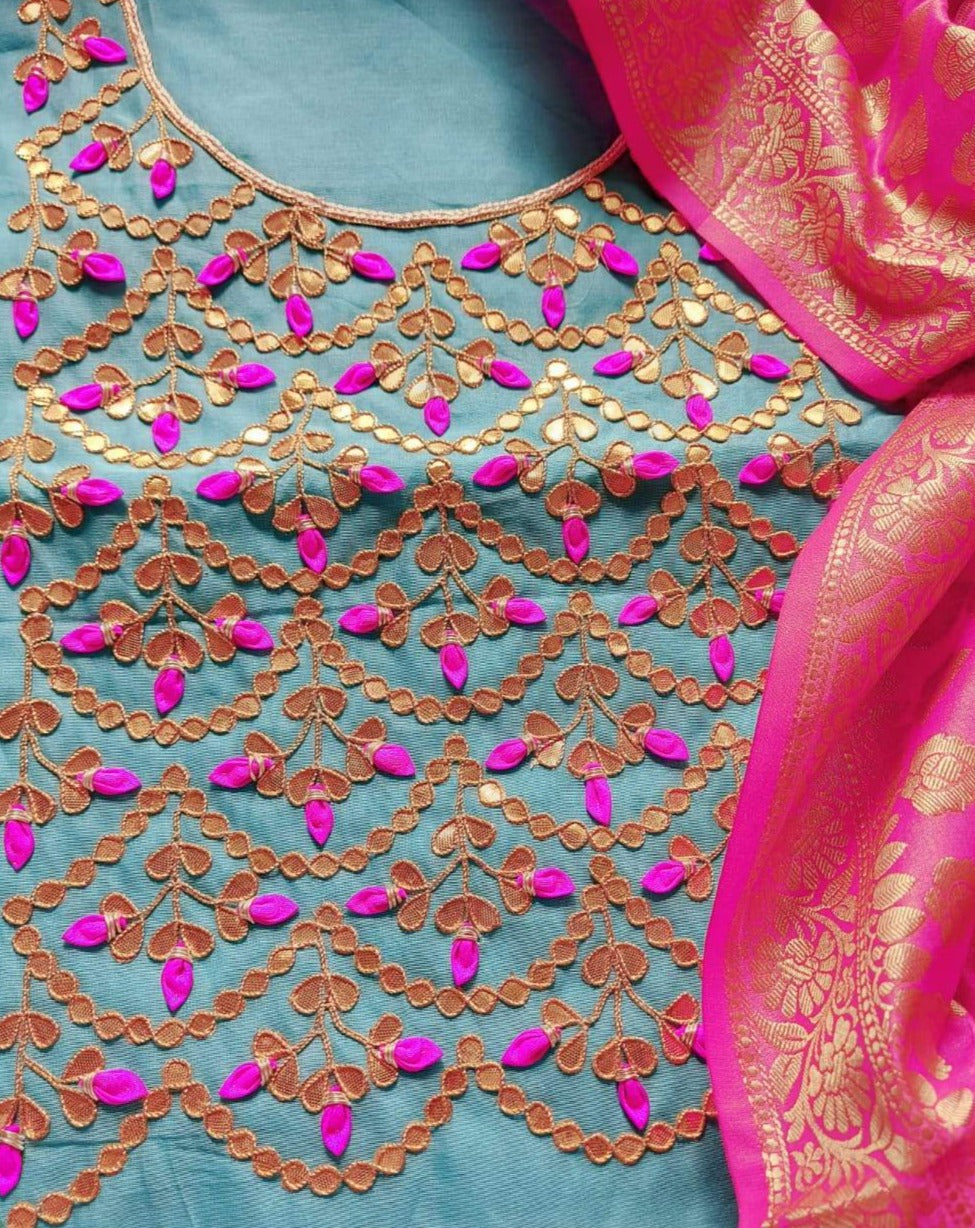 Skyblue Gota Patti Suit With Banarasi Dupatta,Buy Bandhani Gota Patti Suit Set Online,Latest Bandhej Gota Patti Suit Set At Affordable Rate