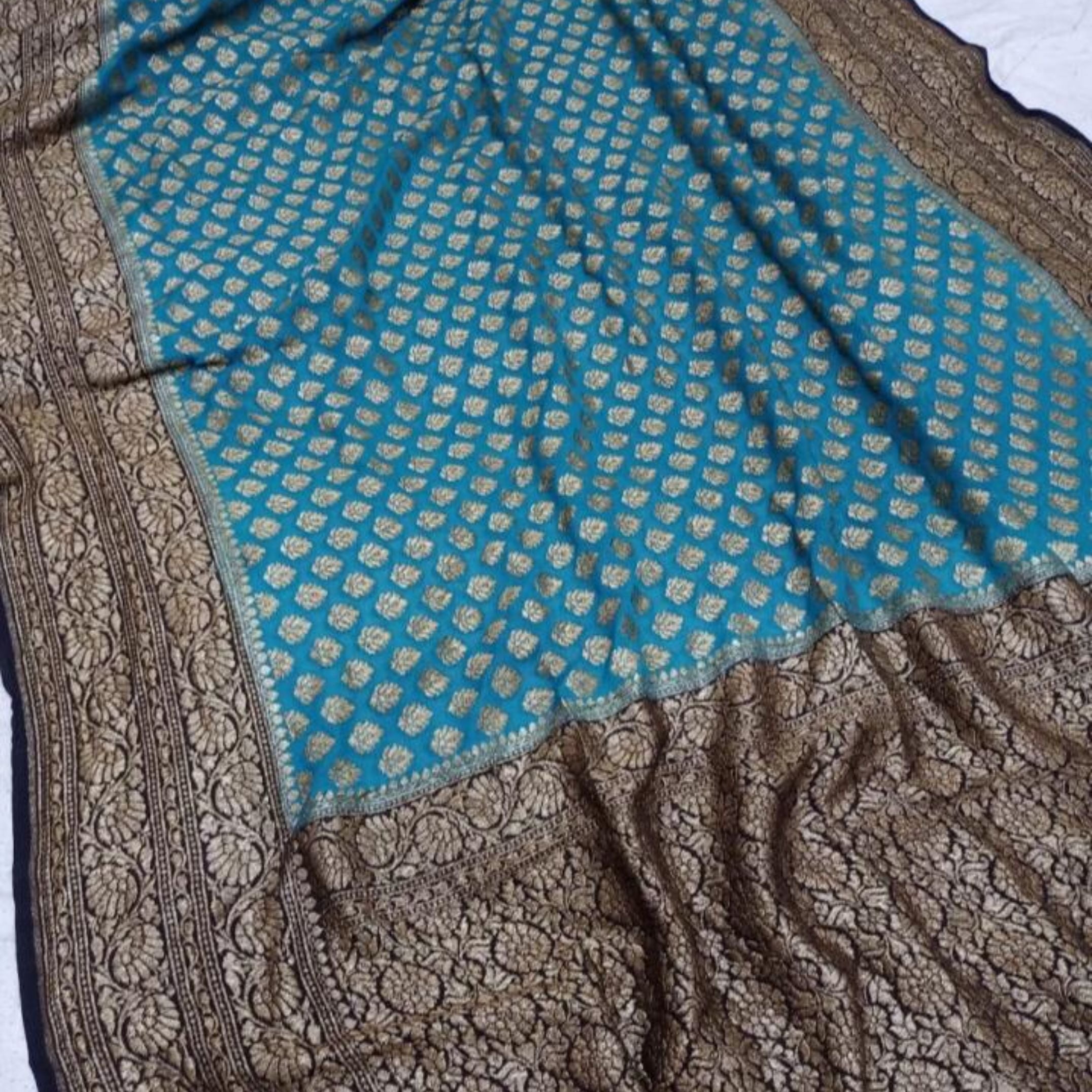 Sky Blue-Black Banarasi Khaddi Georgette Saree