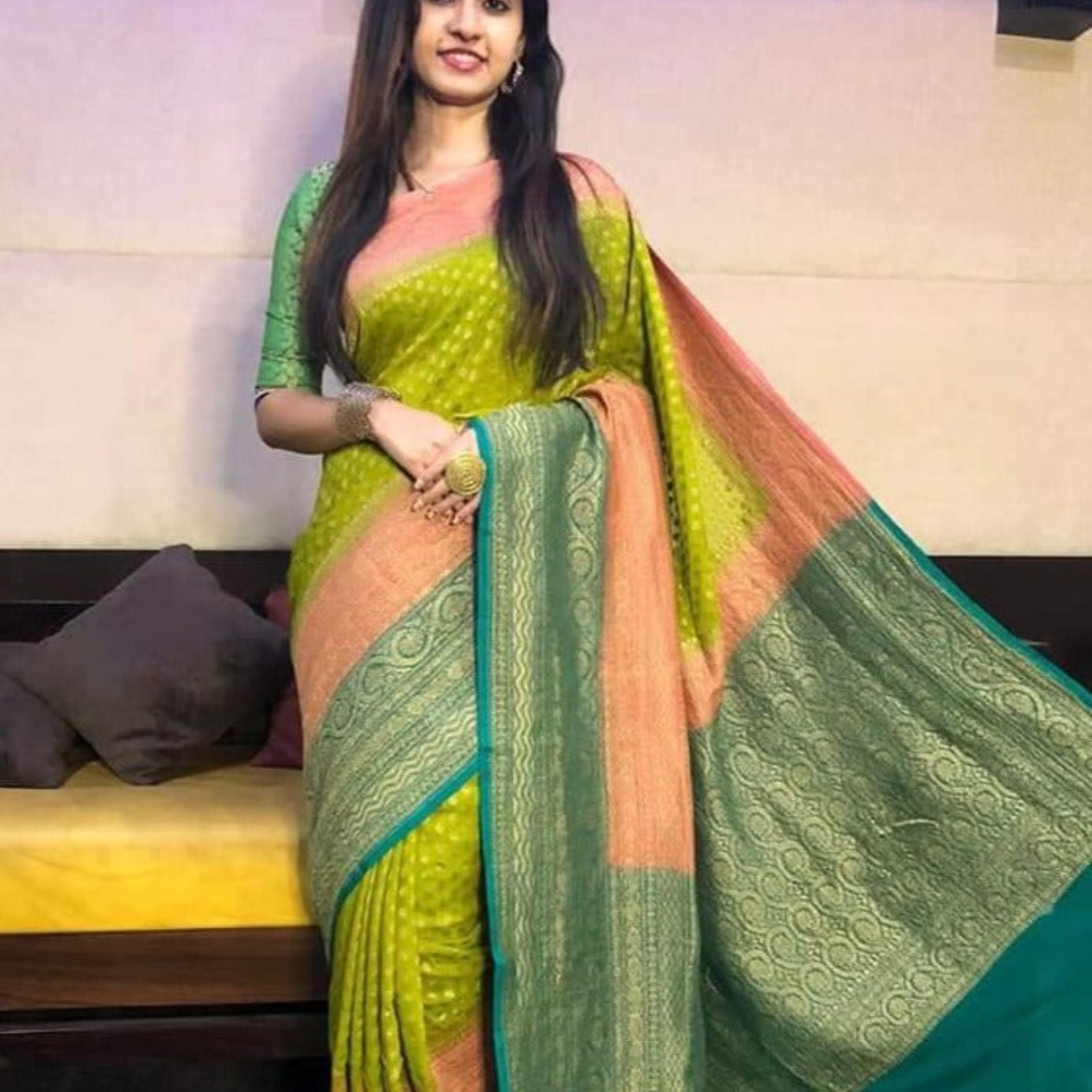 Green-Peach Unique Wedding Banarasi Georgette Saree