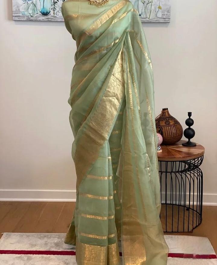 Light Pista Green Banarasi Kora Silk Fancy Saree online