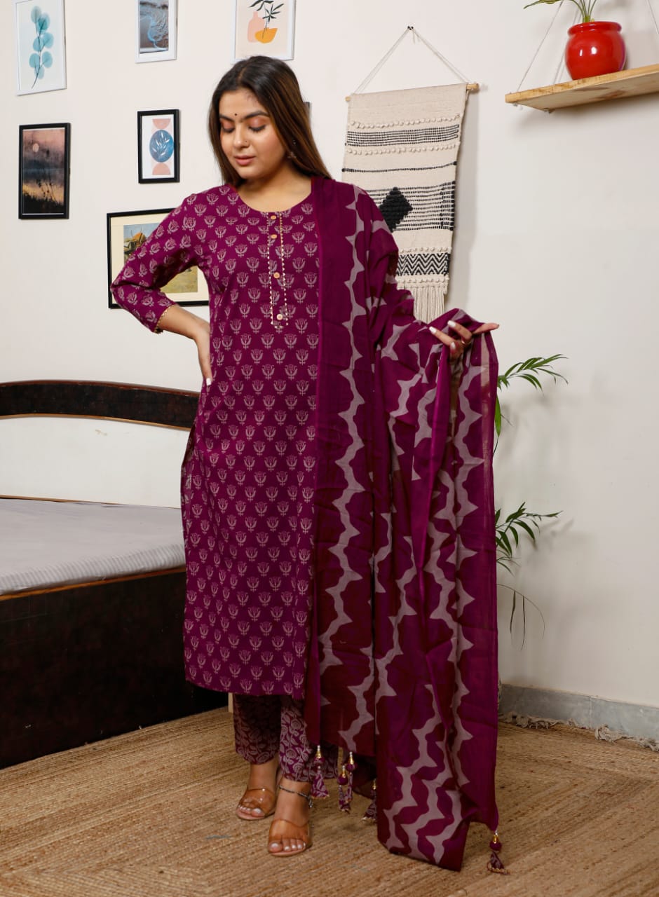 Purple Cotton Suit Set