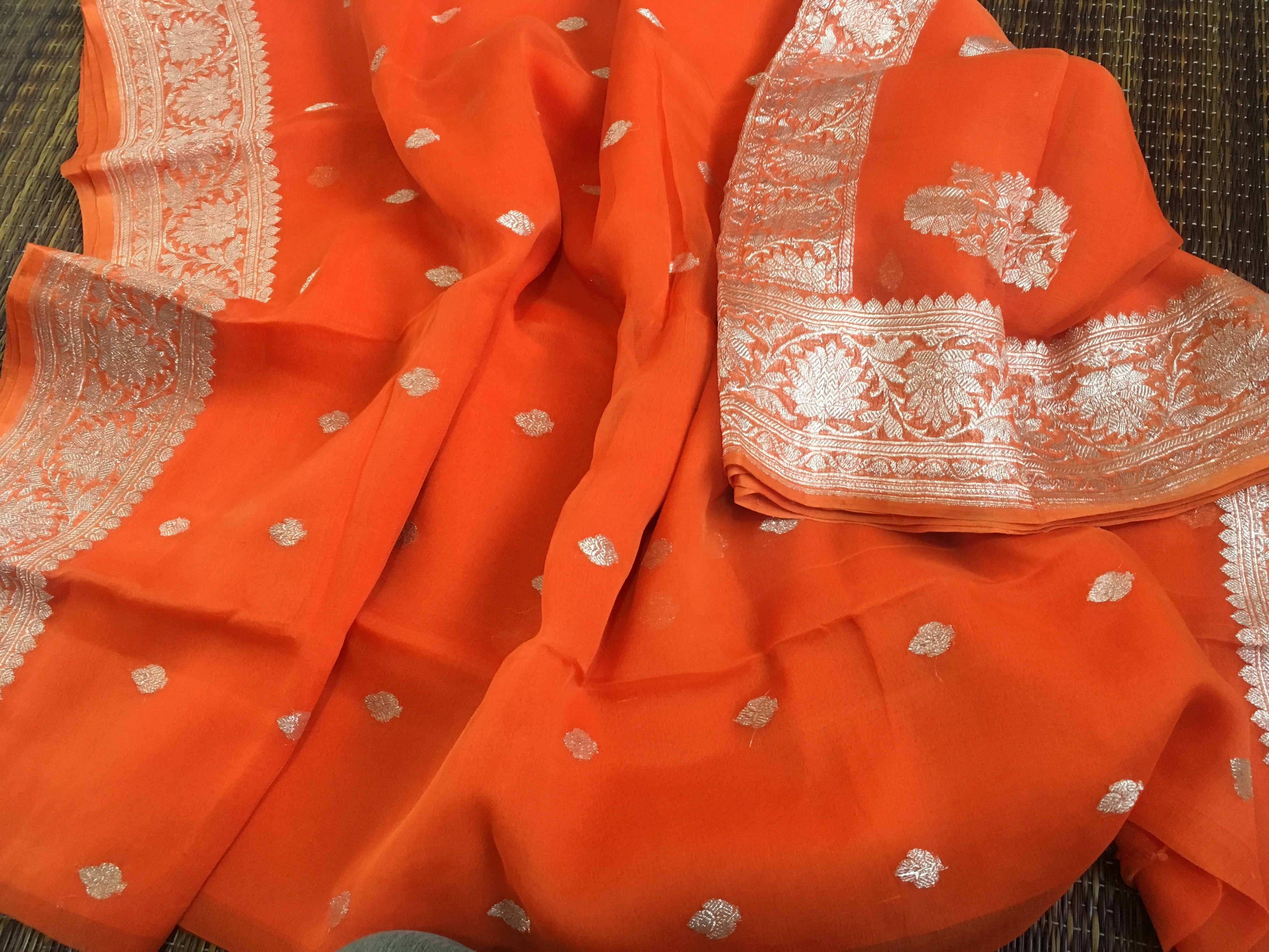Saffron Orange Banarasi Khaddi Georgette Jaal Saree