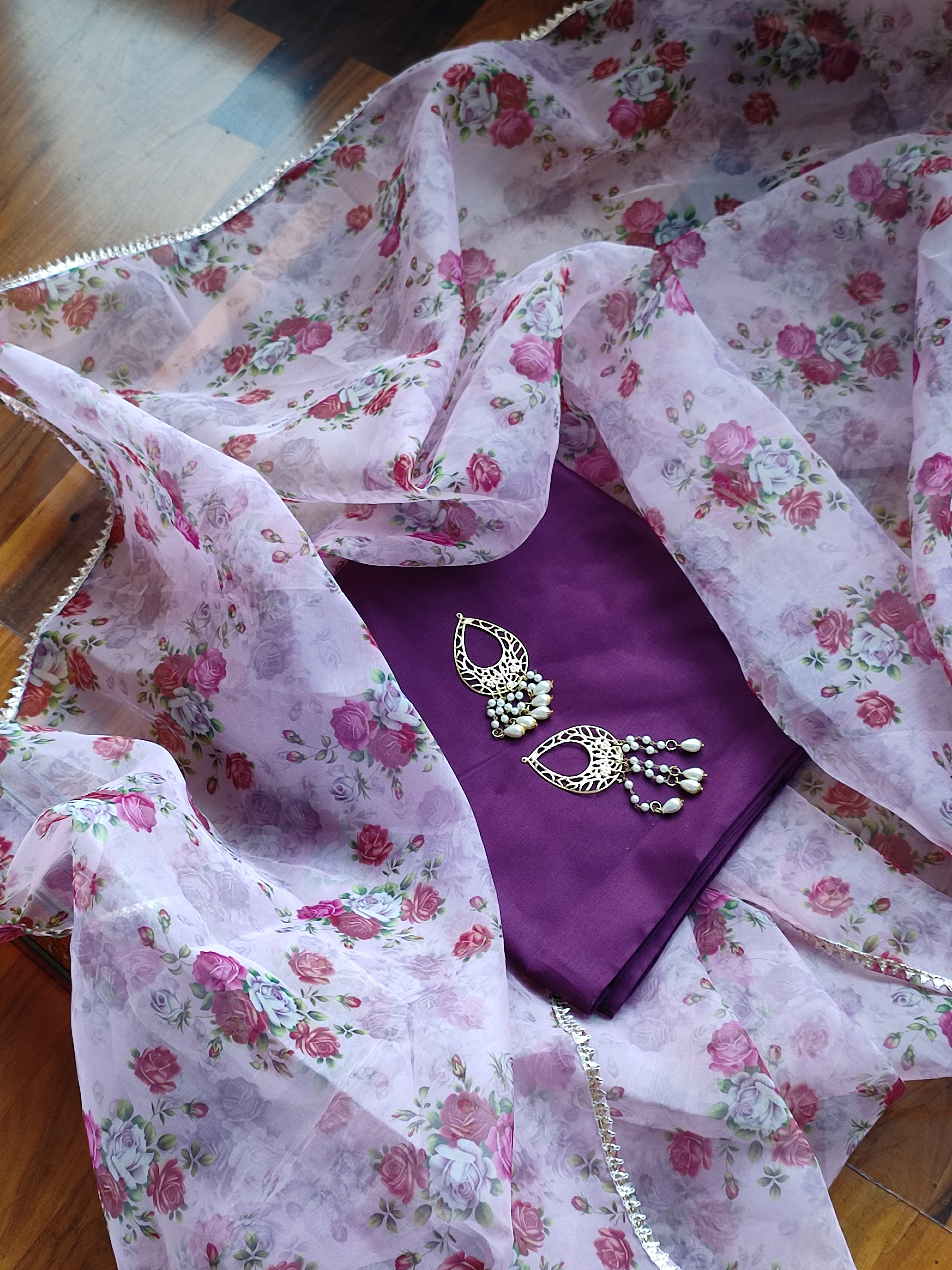 Wine and Baby Pink Organza Dupatta