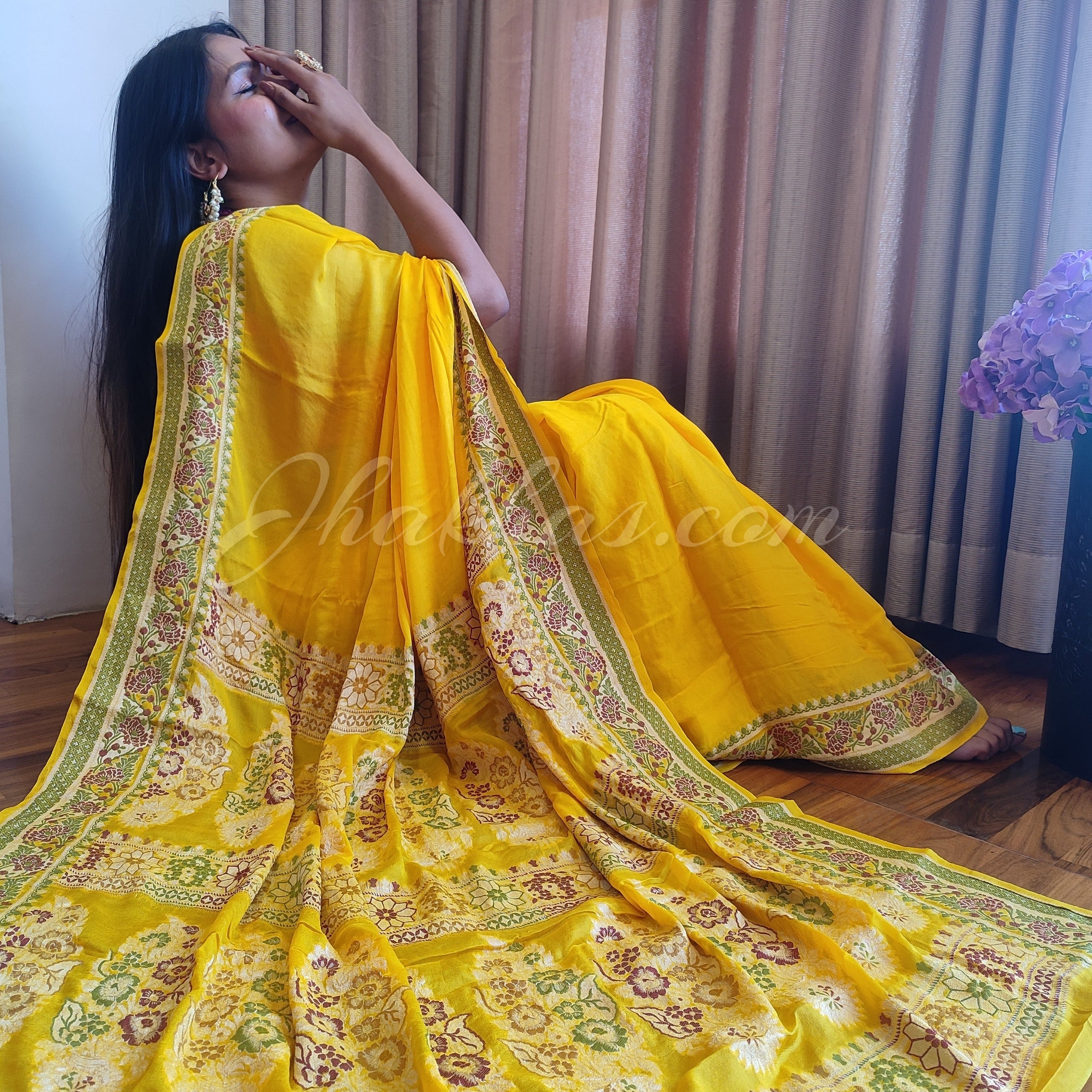 Yellow-Pink Banarasi Heavy Bandhani Saree Occasion