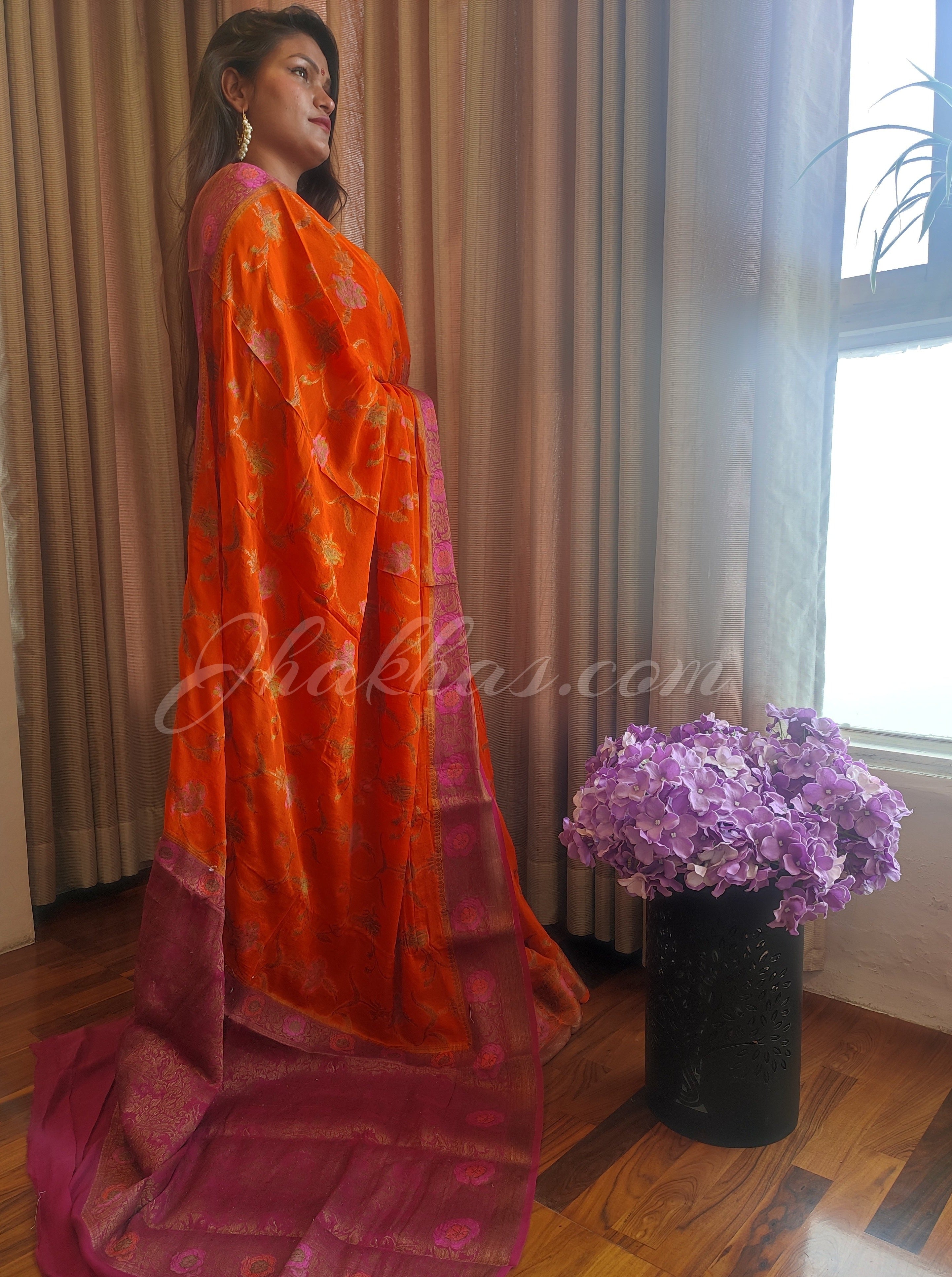 Bright Orange-Rani Pink Banarasi Bandhani Heavy Saree online