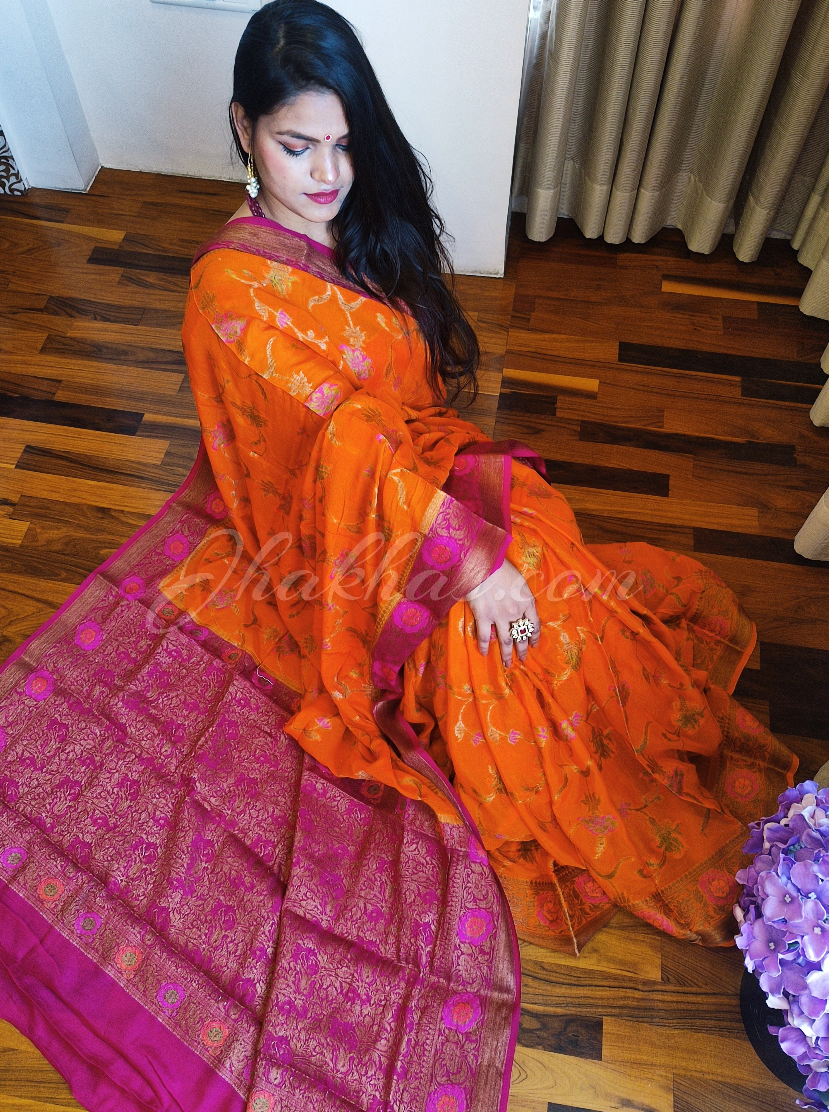 Bright Orange-Rani Pink Banarasi Bandhani Heavy Saree online