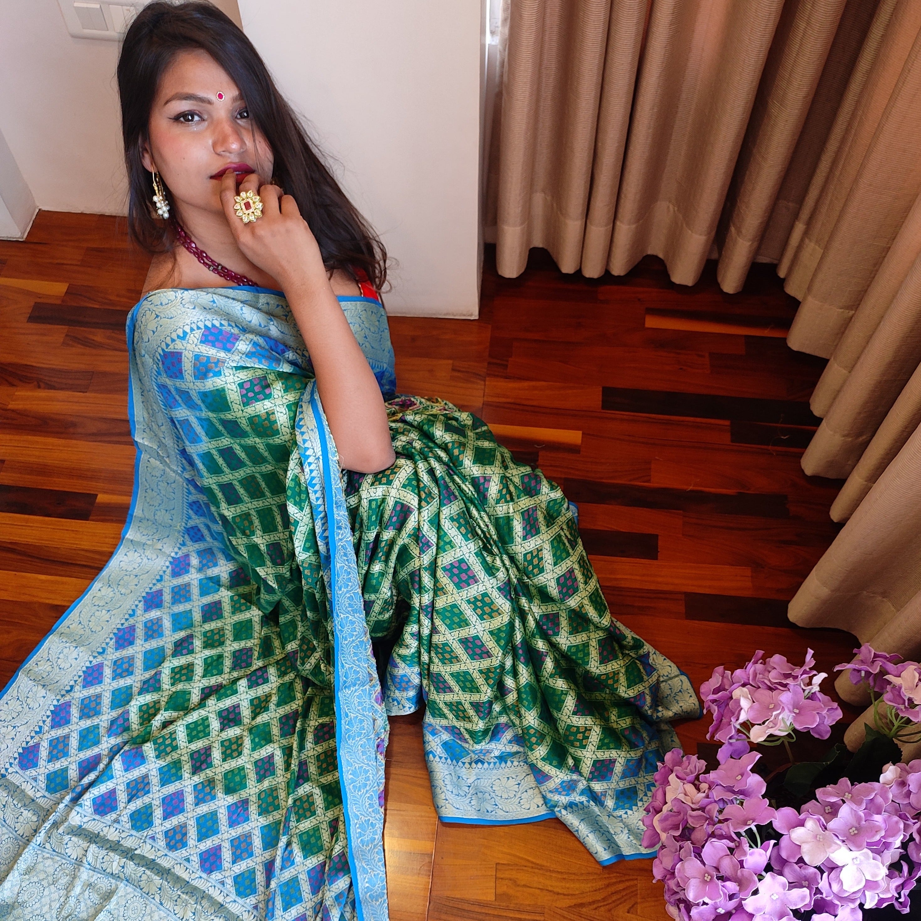 Blue-Green Banarasi Bandhej Party Wear Saree