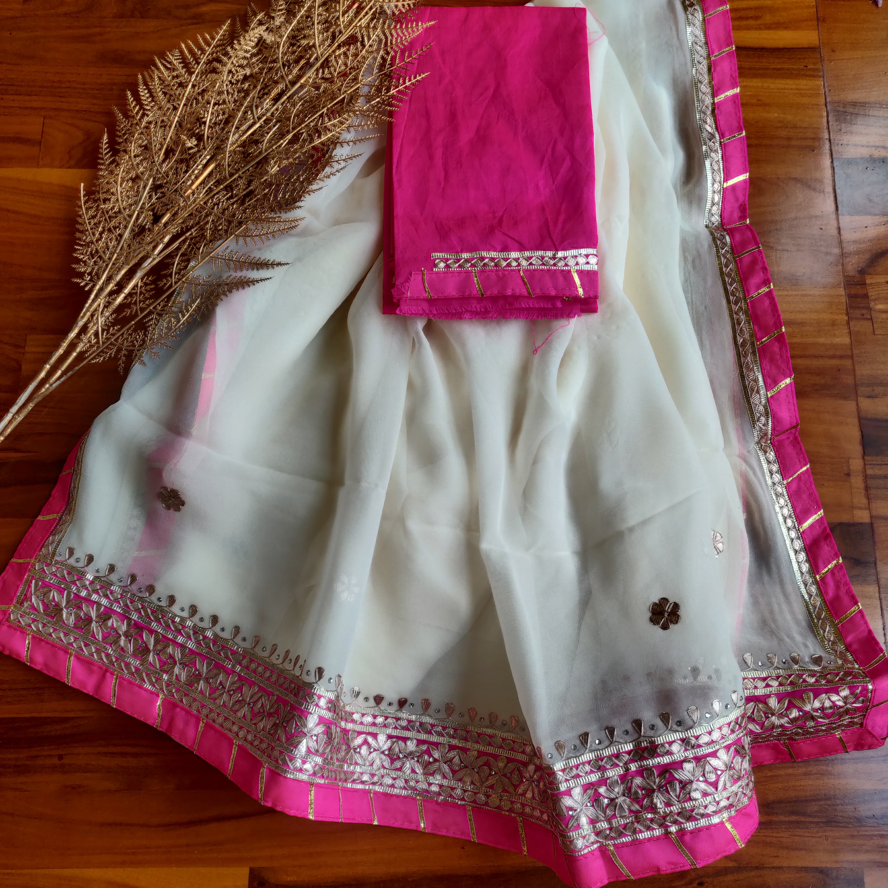 Cream And Pink Gota Patti Saree