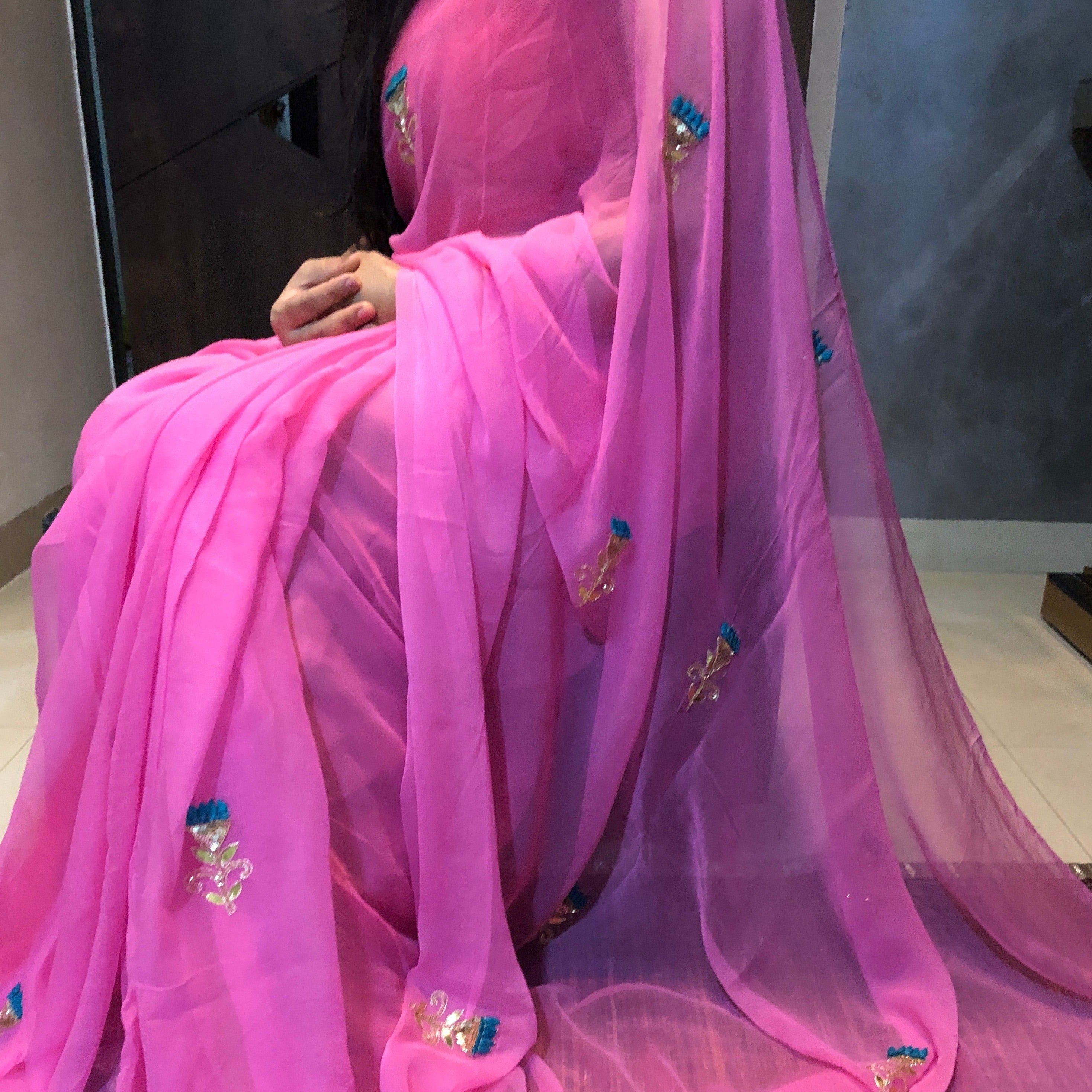 Pink Pure Chiffon Gota Patti Work Sari,Steal Now,Rajputi Chiffon Saree,Get This,Gotta Patti Saree