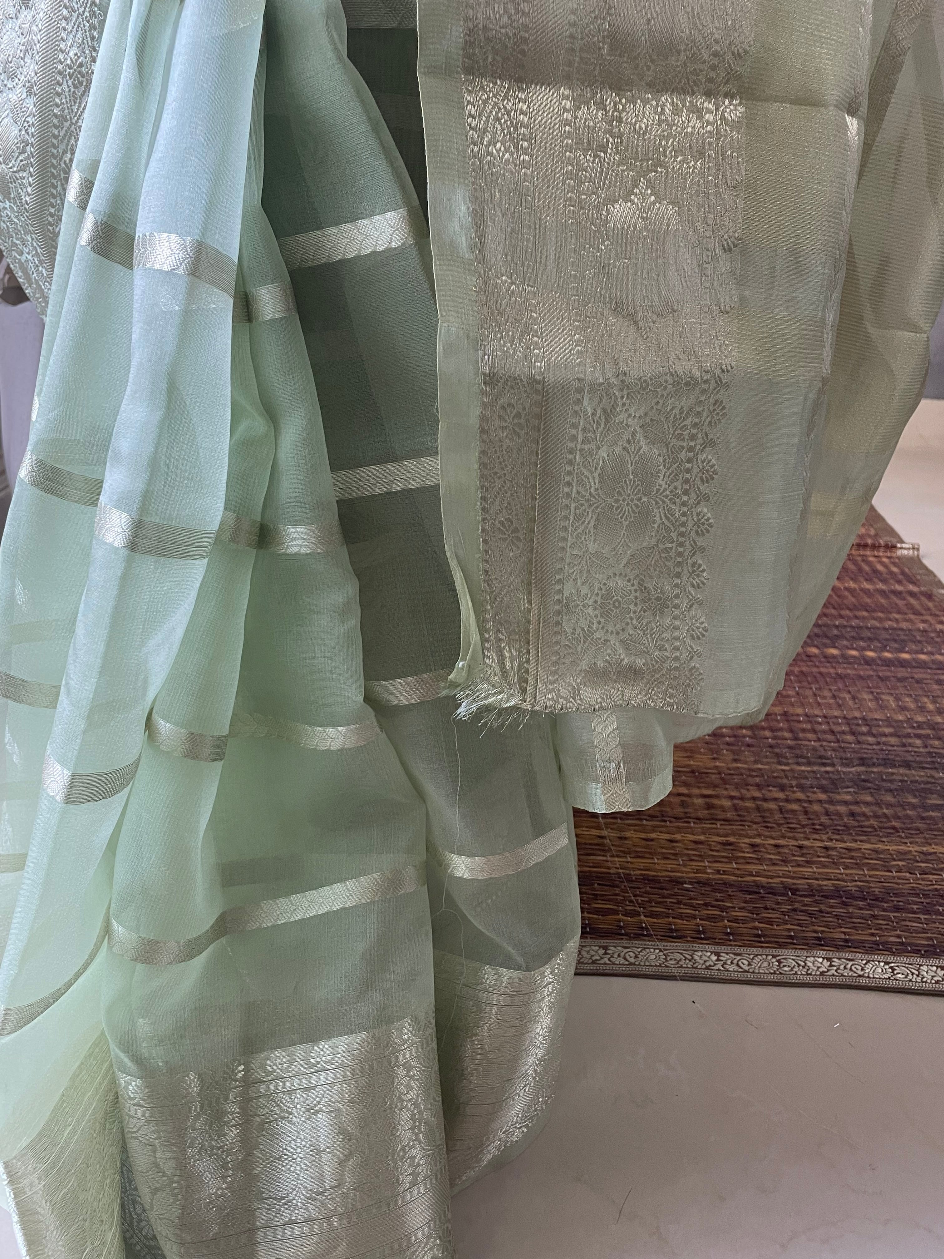 Light Pista Green Banarasi Kora Silk Fancy Saree online