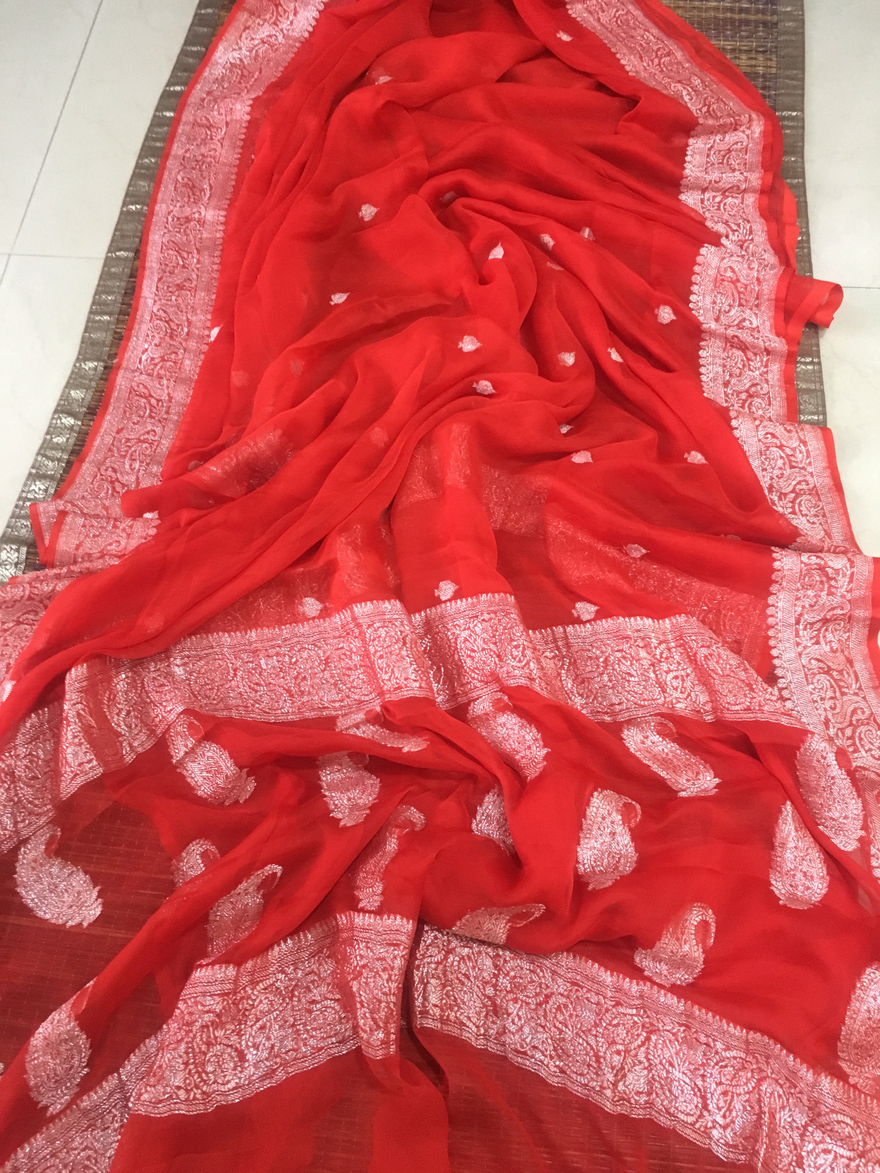 Bright Red Banarasi Karwachauth Khaddi Georgette Saree