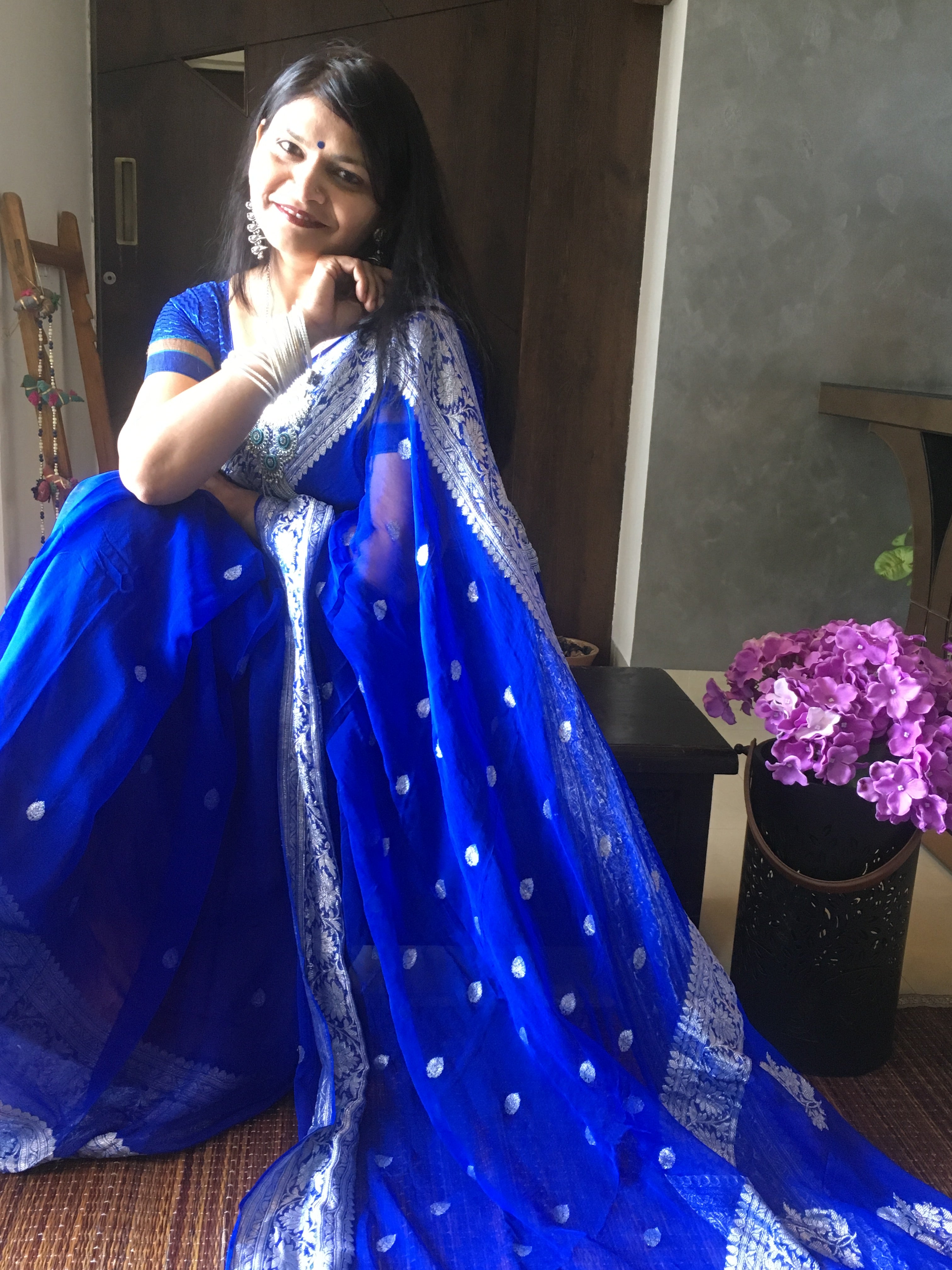 Royal Blue Banarasi Jaal Khaddi Chiffon Saree