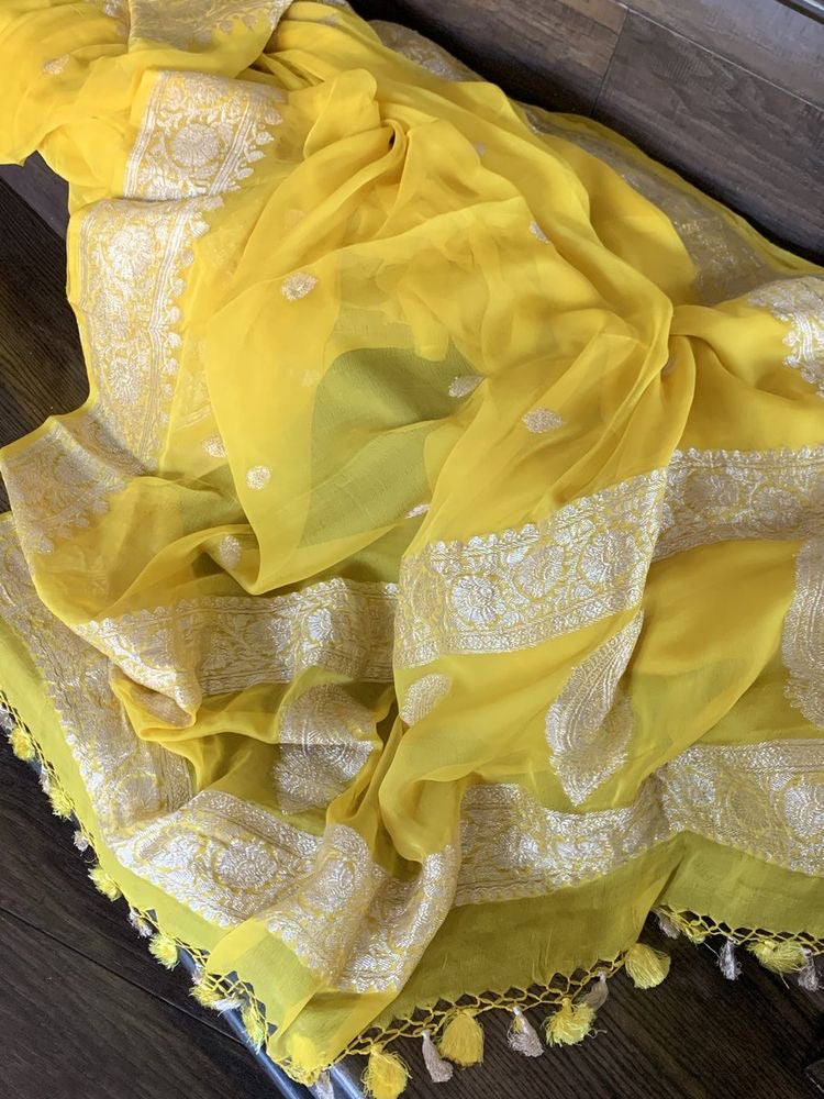 Lemon Yellow Banarasi Chiffon Buti Jaal Saree
