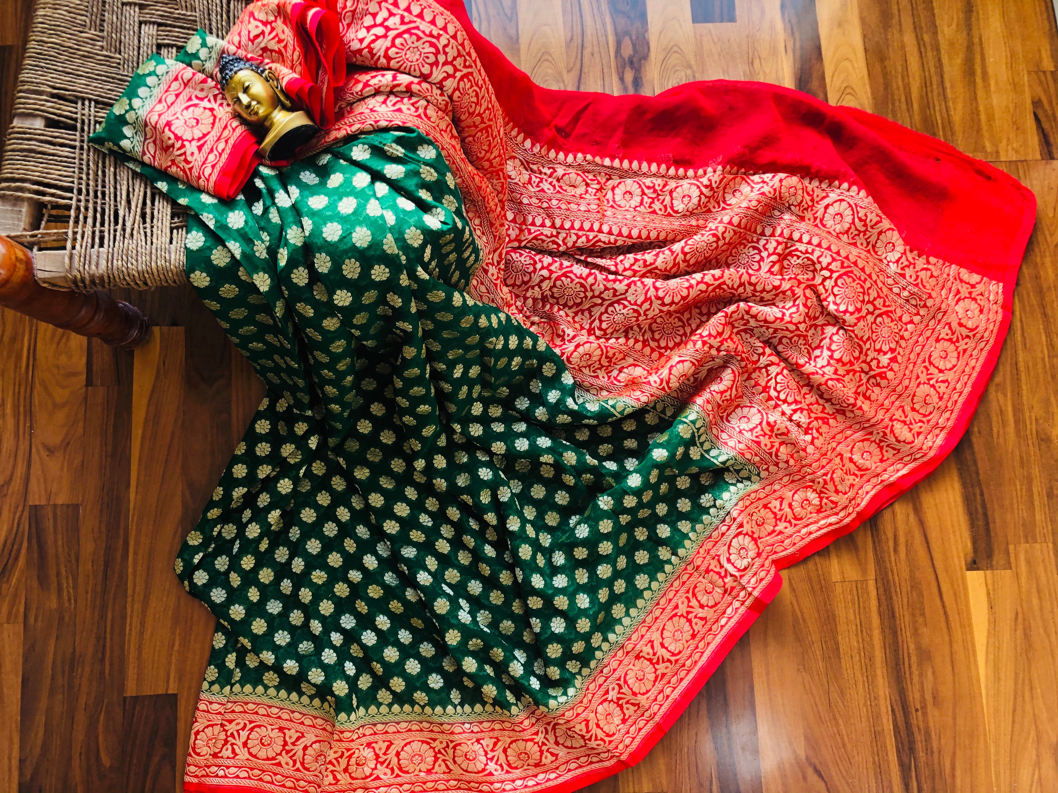 Green-Red Banarasi Georgette Pooja function Saree