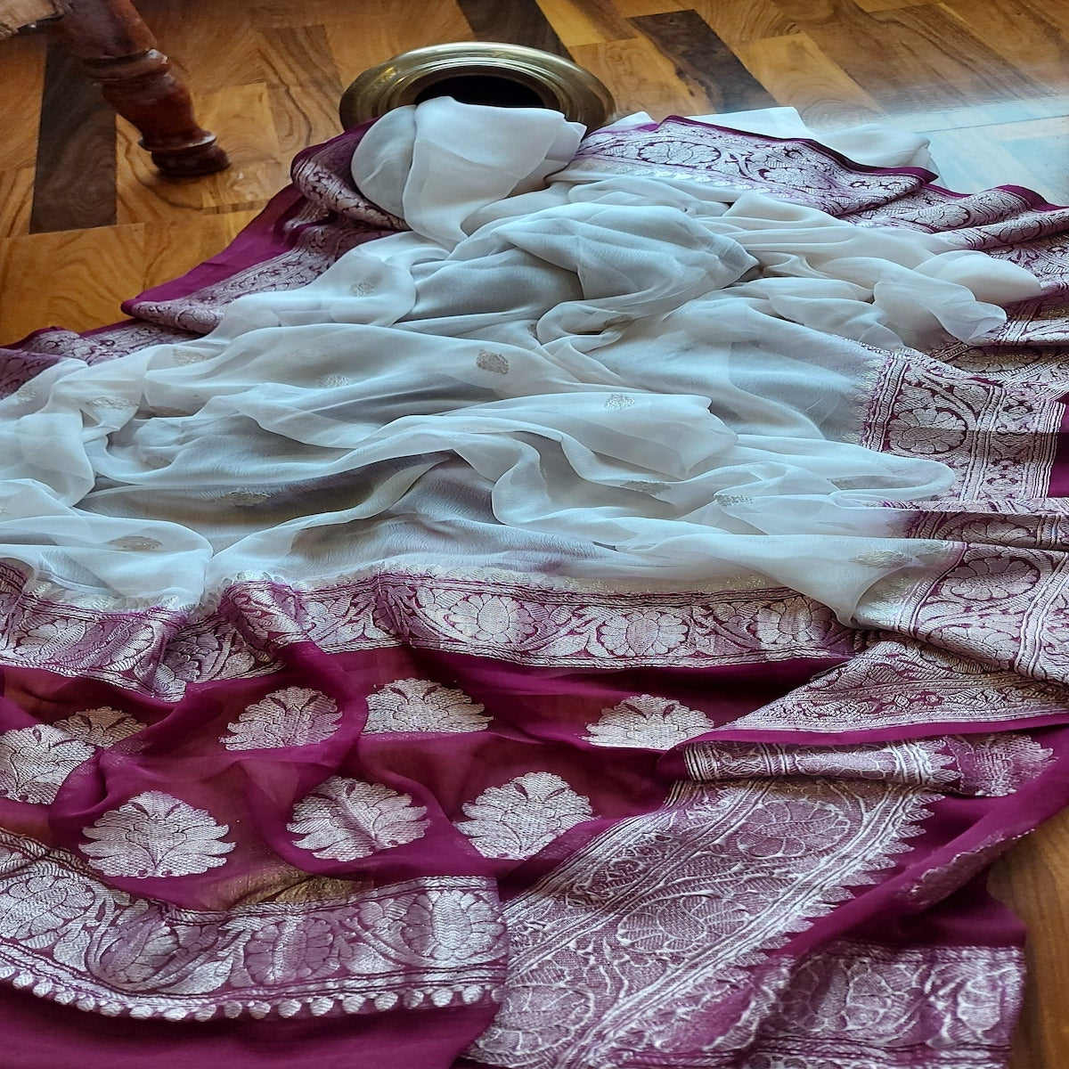 Purple And White Banarasi Khaddi Chiffon Saree,Wedding Saree, Indian Sarees, Online Sarees