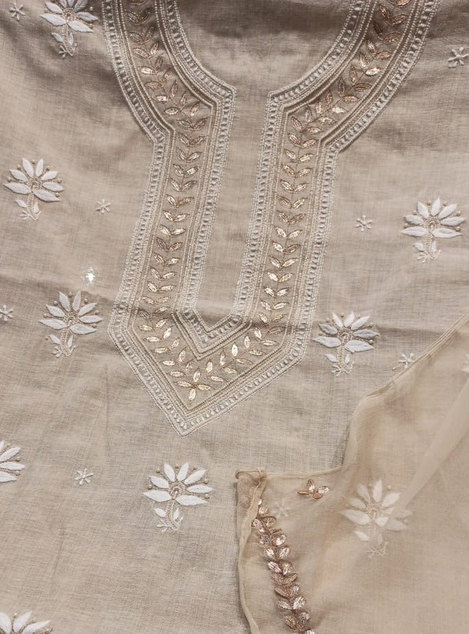 Beautiful Beige unique Embroidery Kota Tissue Chanderi Suit unstitched