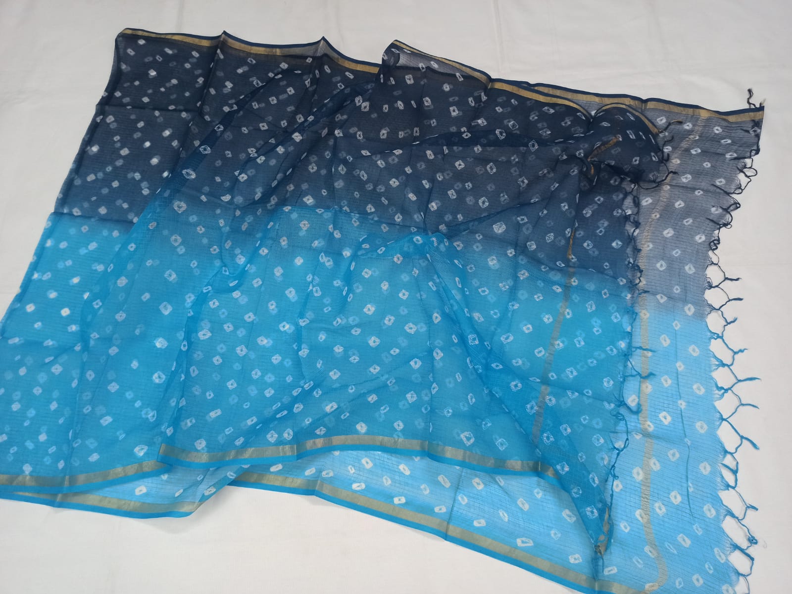 Kota Doria Hand Bandhej Dupatta In Blue,Pure Handmade Dupatta Online,Buy Kota Hand Bandhej Dupatta