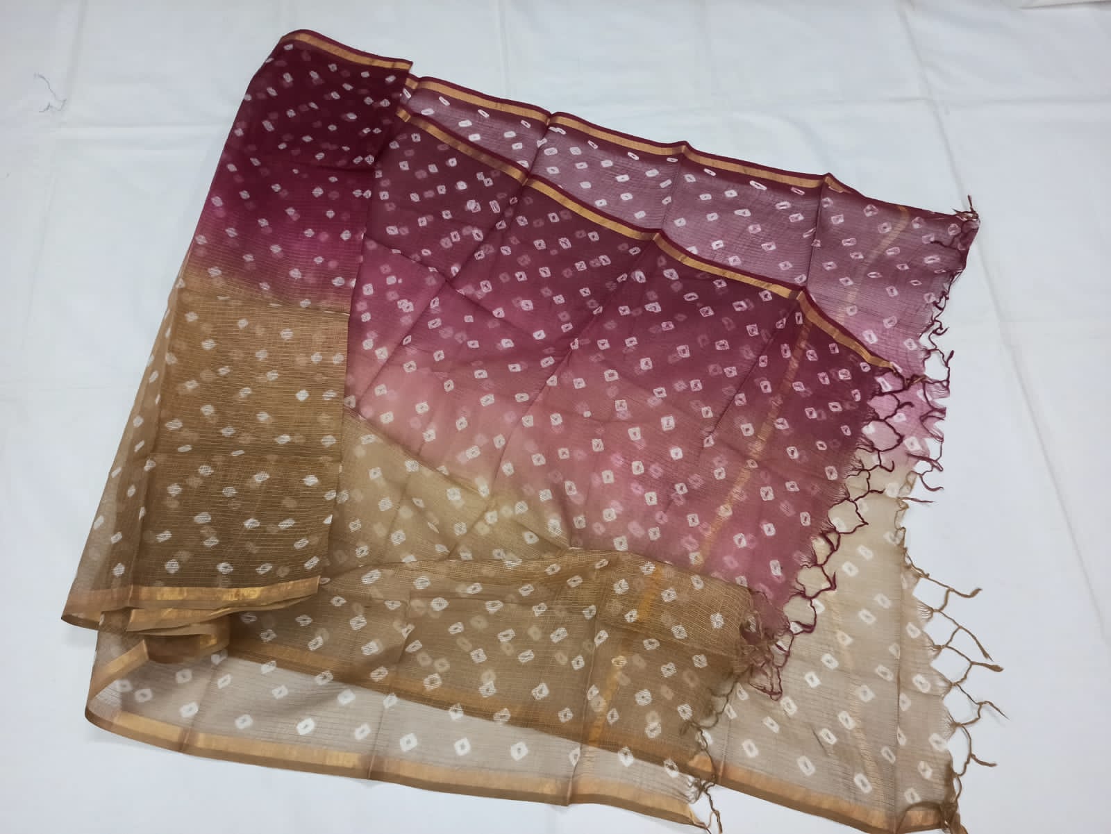 Kota Doria Hand Bandhej Dupatta In Brown,Shop Kota Doria Dupatta ,Latest Kota Hand Made Dupatta