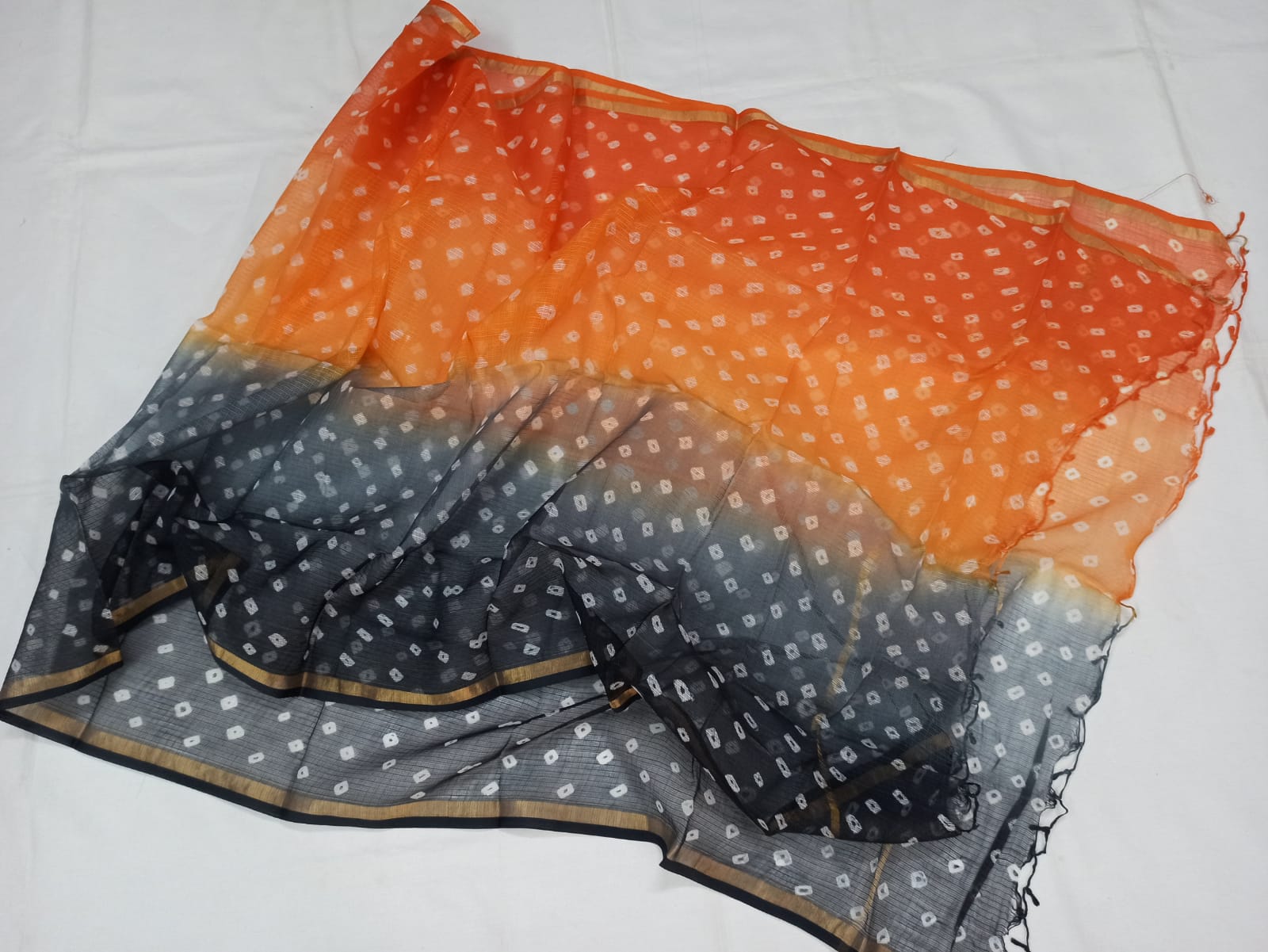 Kota Doria Hand Bandhej Dupatta In Orange,Shop Kota Doria Dupatta ,Latest Kota Hand Made Dupatta