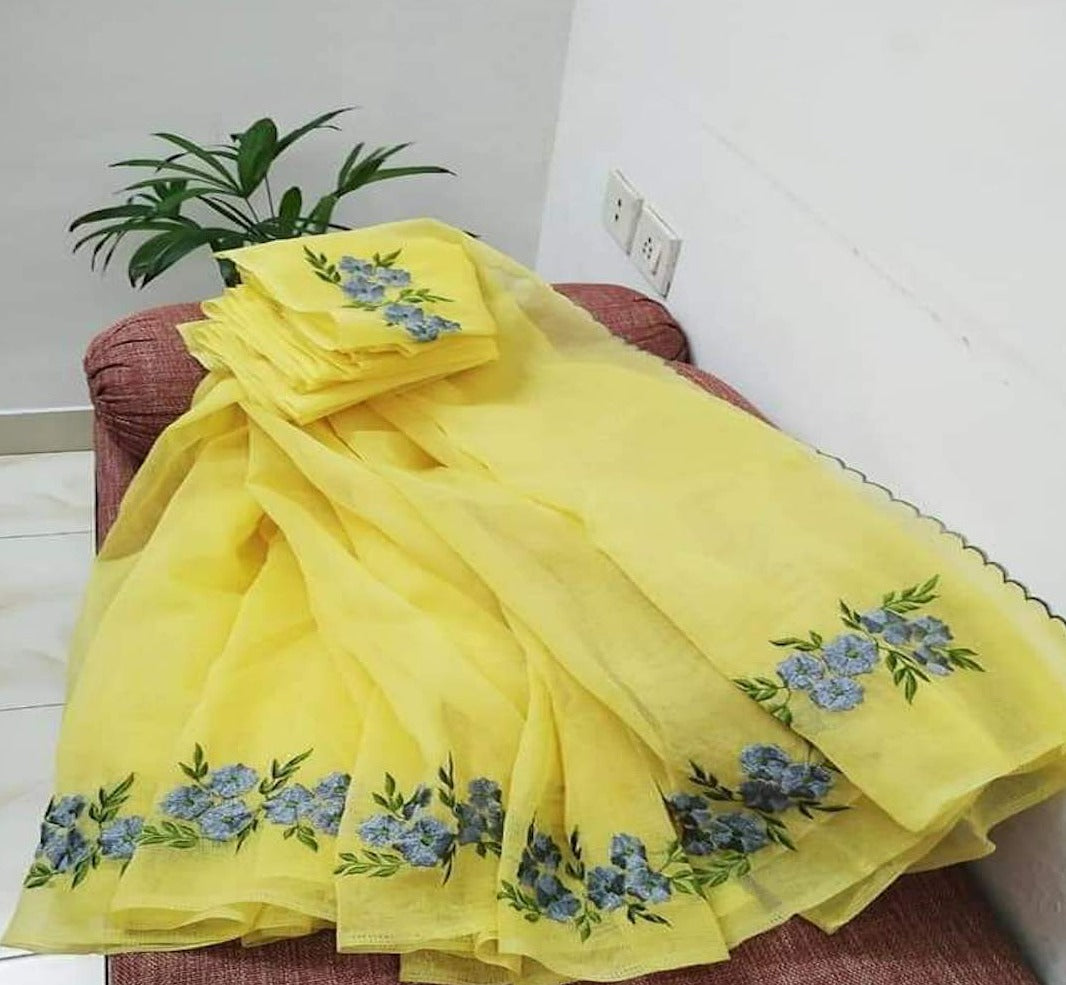 Shop Kota Doria Embroidery Work Sari In Yellow, Kota Doria Sarees