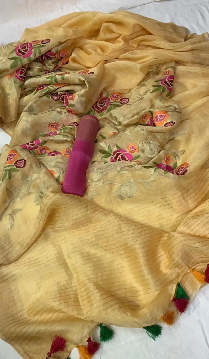 Light Yellow Linen Embroidery Saree, Embroidred Saree, Linen Saree Online