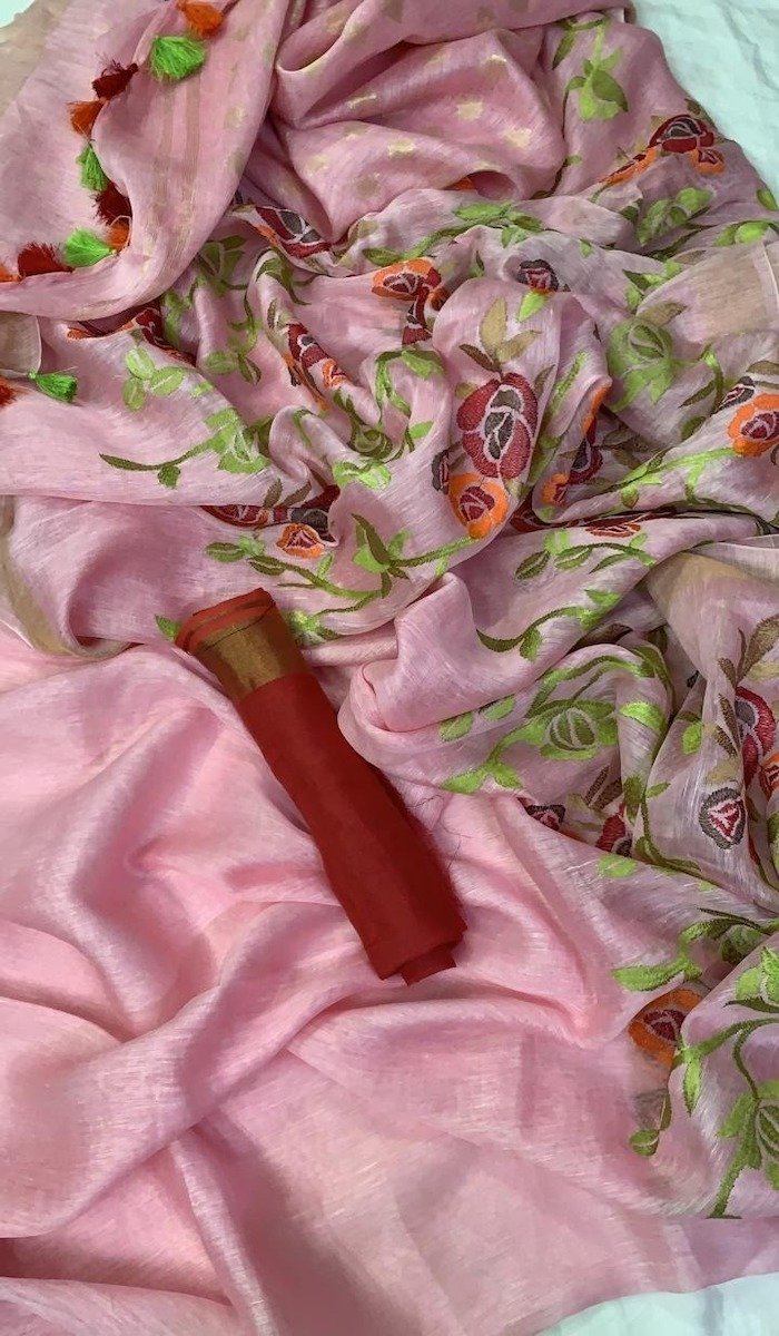 Silk Linen Embroidery Saree In Babypink, Buy Office Wear Saree , Traditional Saree
