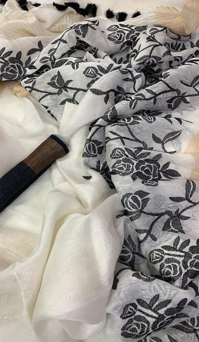 Linen Embroidery Saree In Pure White, Traditional Saree , Thread Work , Online Saree