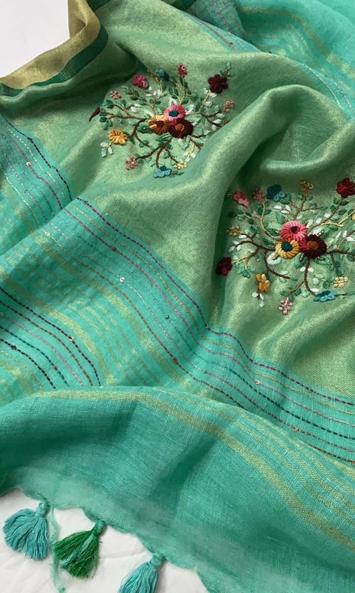 Linen Embroidred Saree In Green, Traditional Saree , Thread Work , Online Saree