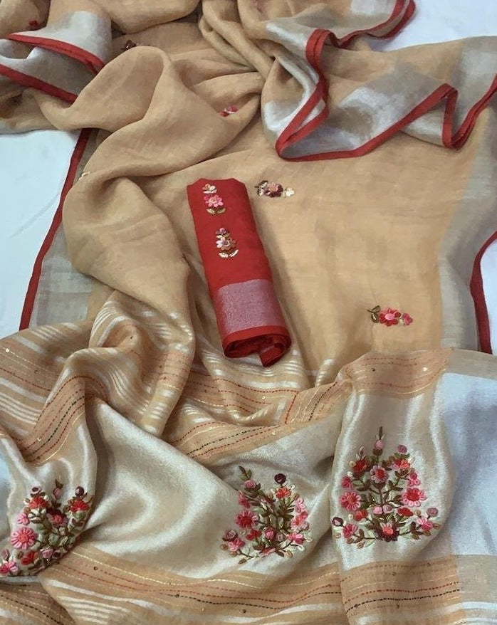 Linen Embroidred Saree In Light Brown, Embroidred Saree, Linen Saree Online