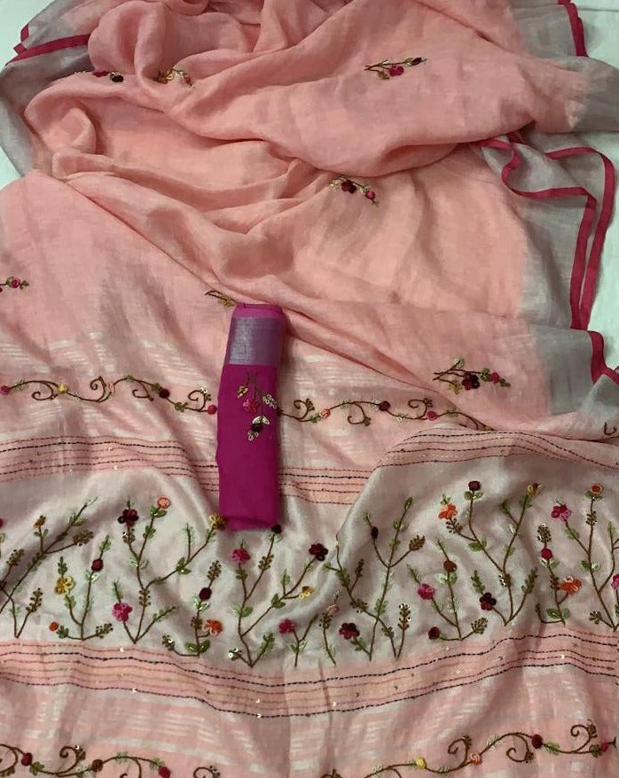 Linen Embroidred Saree In Peach,Linen Saree, Office Wear Saree At Jhakhas.Com