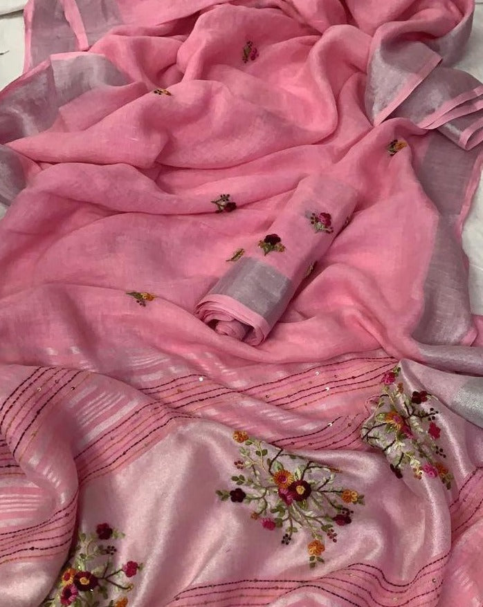 Linen Embroidred Saree In Pink,Traditional Saree , Buy Online At Jhakhas.Com