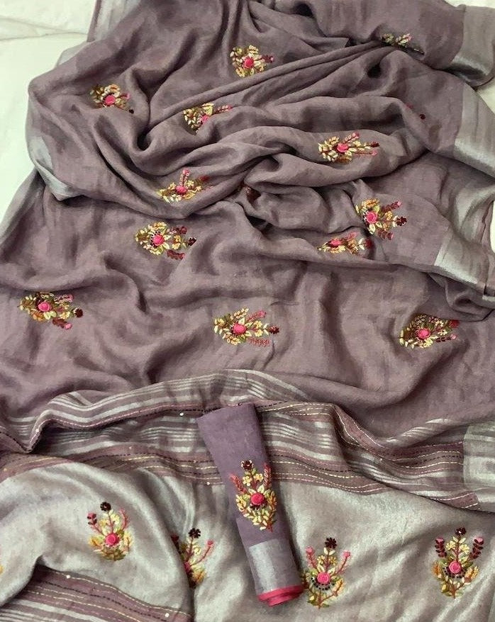 Linen Embroidred Saree In Purple,Pure Saree , Buy Online At Jhakhas.Com