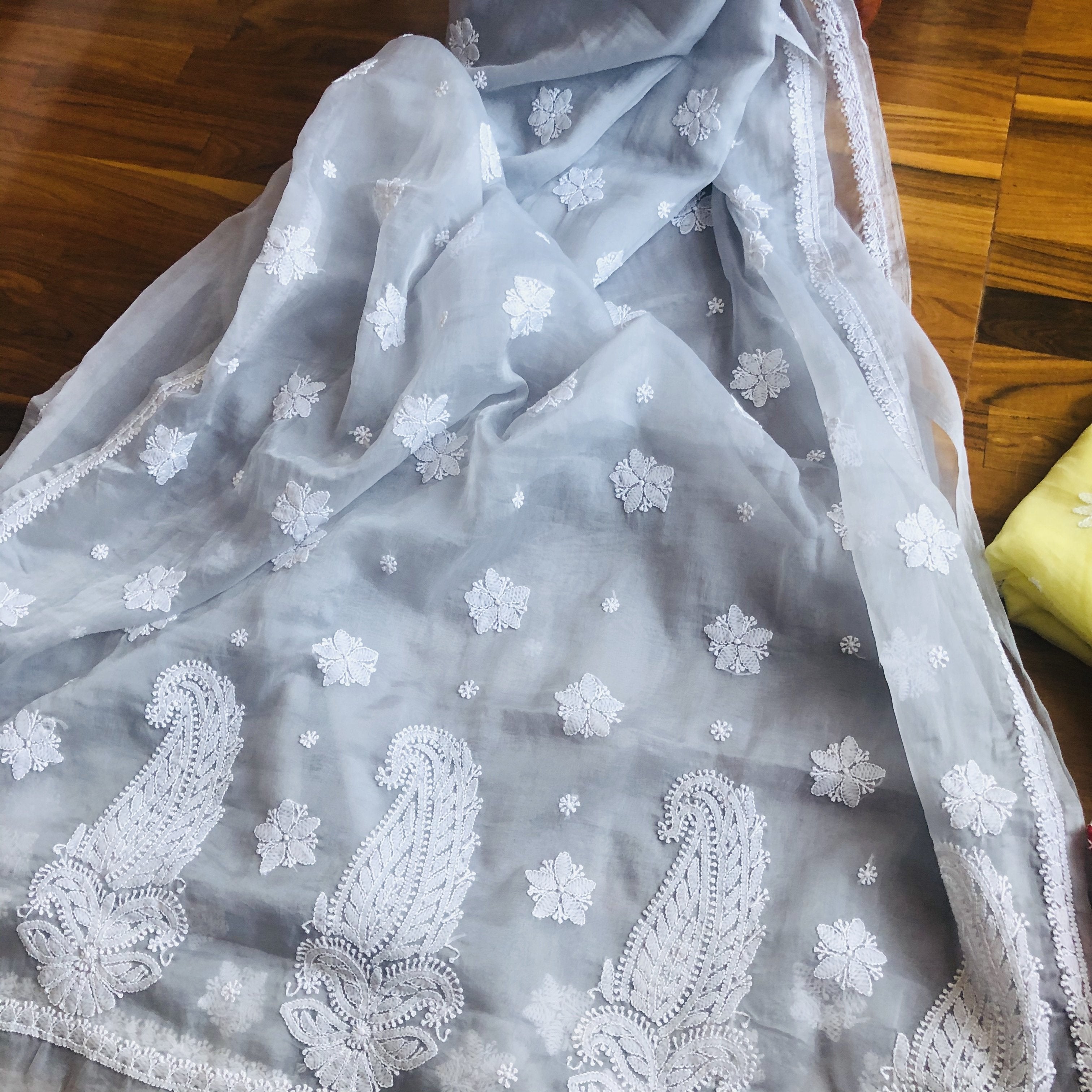 Organza Chikankari Saree In Yellow , Designer chikankari sarees , Pure lucknowi chikanakri sarees