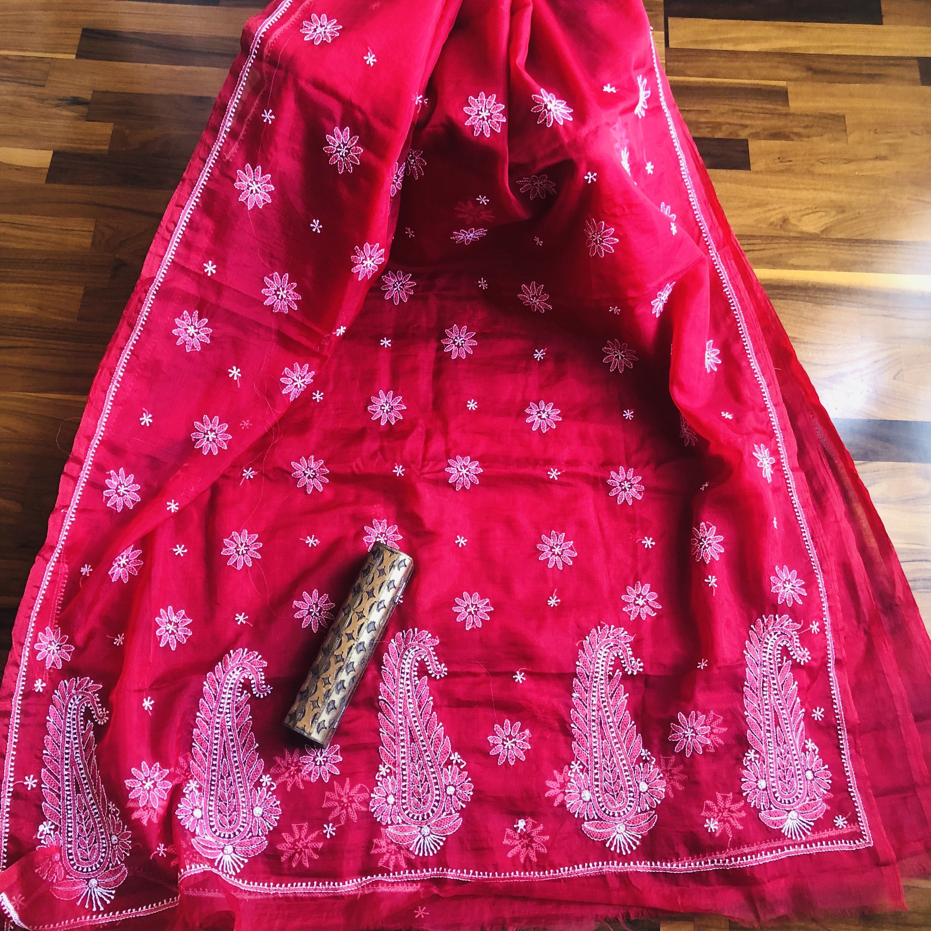 Red Organza Chikankari Saree,Designer chikankari sarees , Pure lucknowi chikanakri sarees