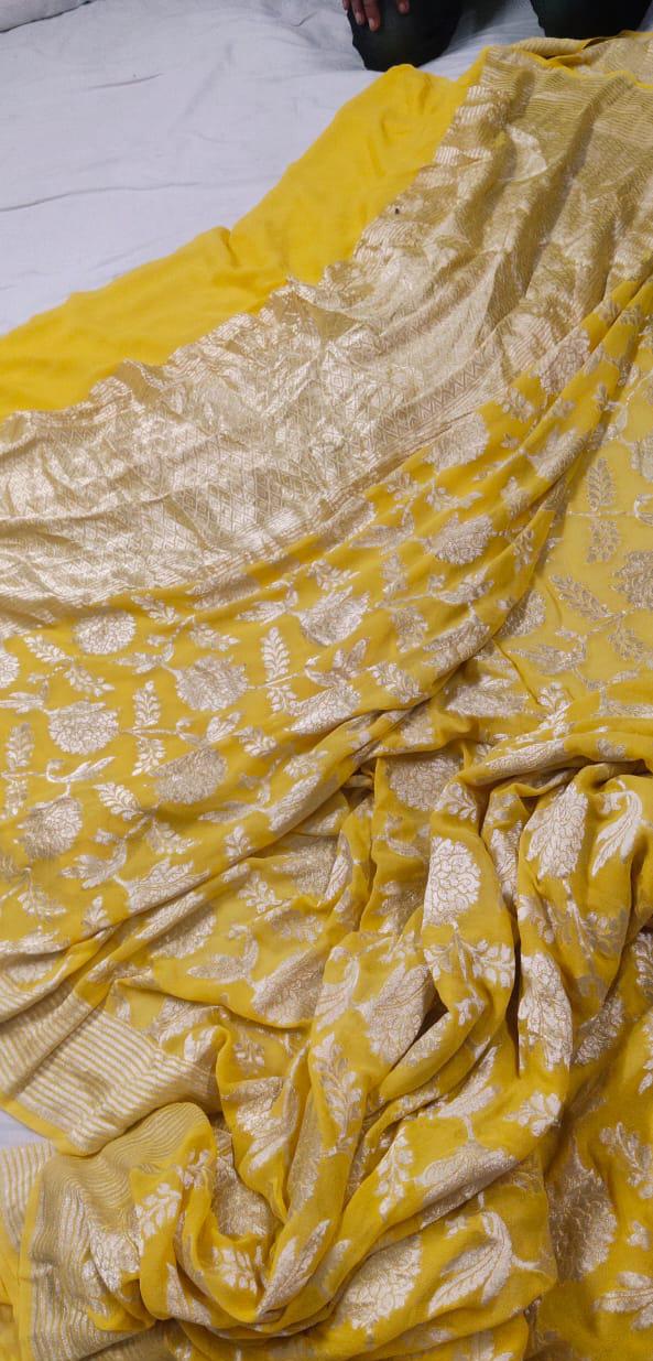 Yellow floral jaal Banarasi Georgette Party Wear Saree
