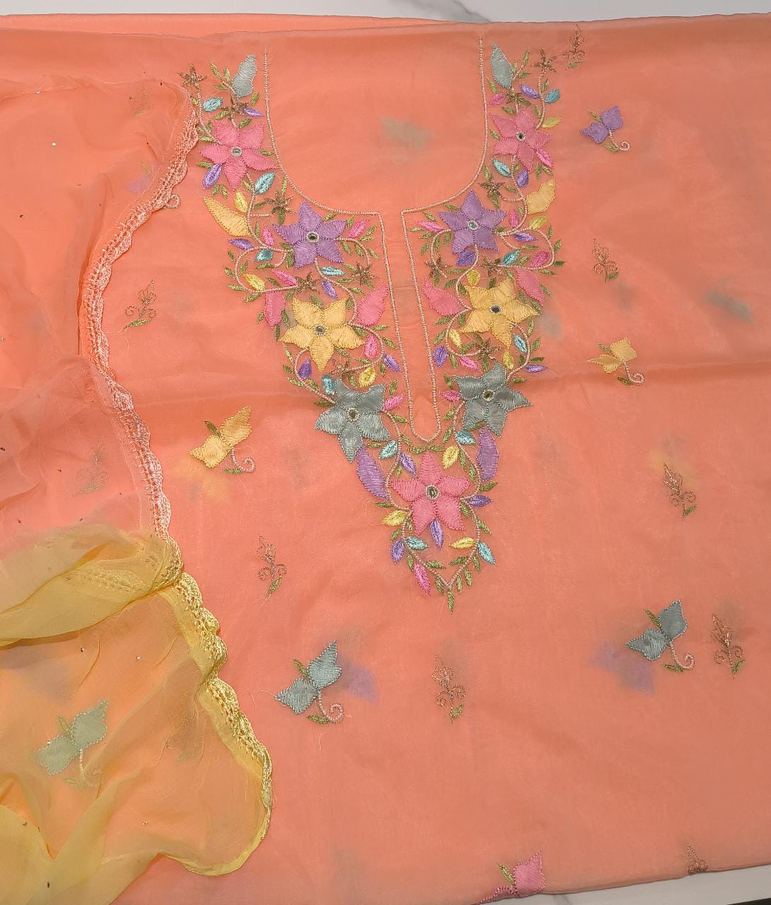 Orange Unstitched Organza Chikan work Suit Set