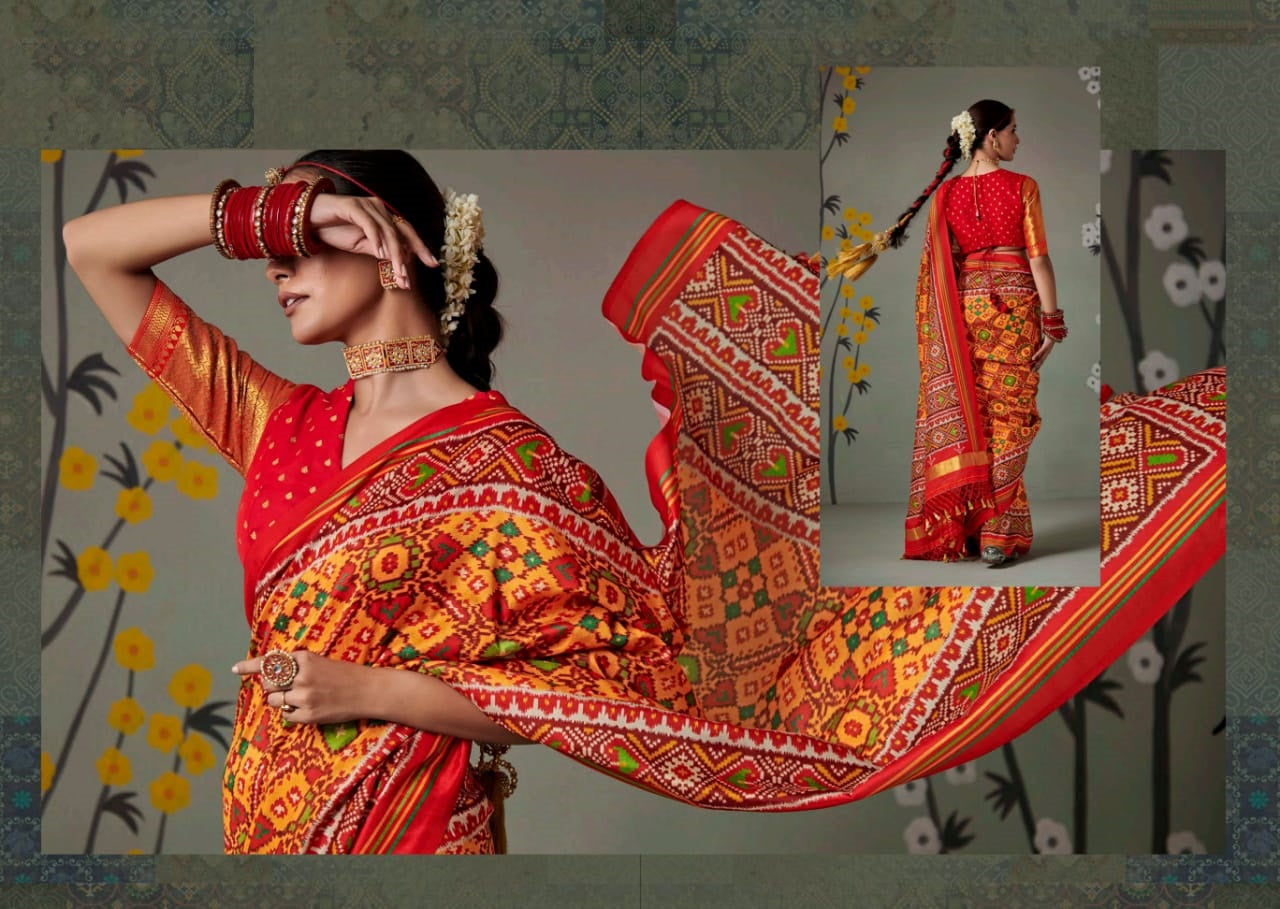 Orange Printed Patola Silk Saree