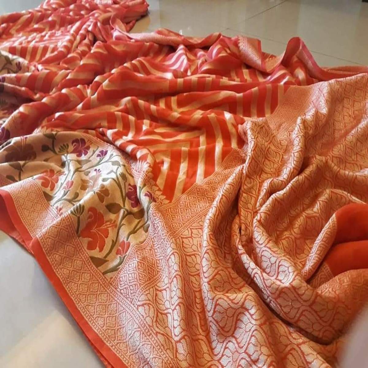 Banarasi khaddi saree with meenakari work in orange