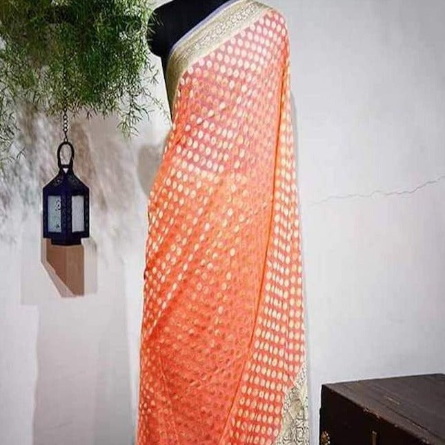 Peach-Purple Designer Wedding Khaddi Georgette Saree