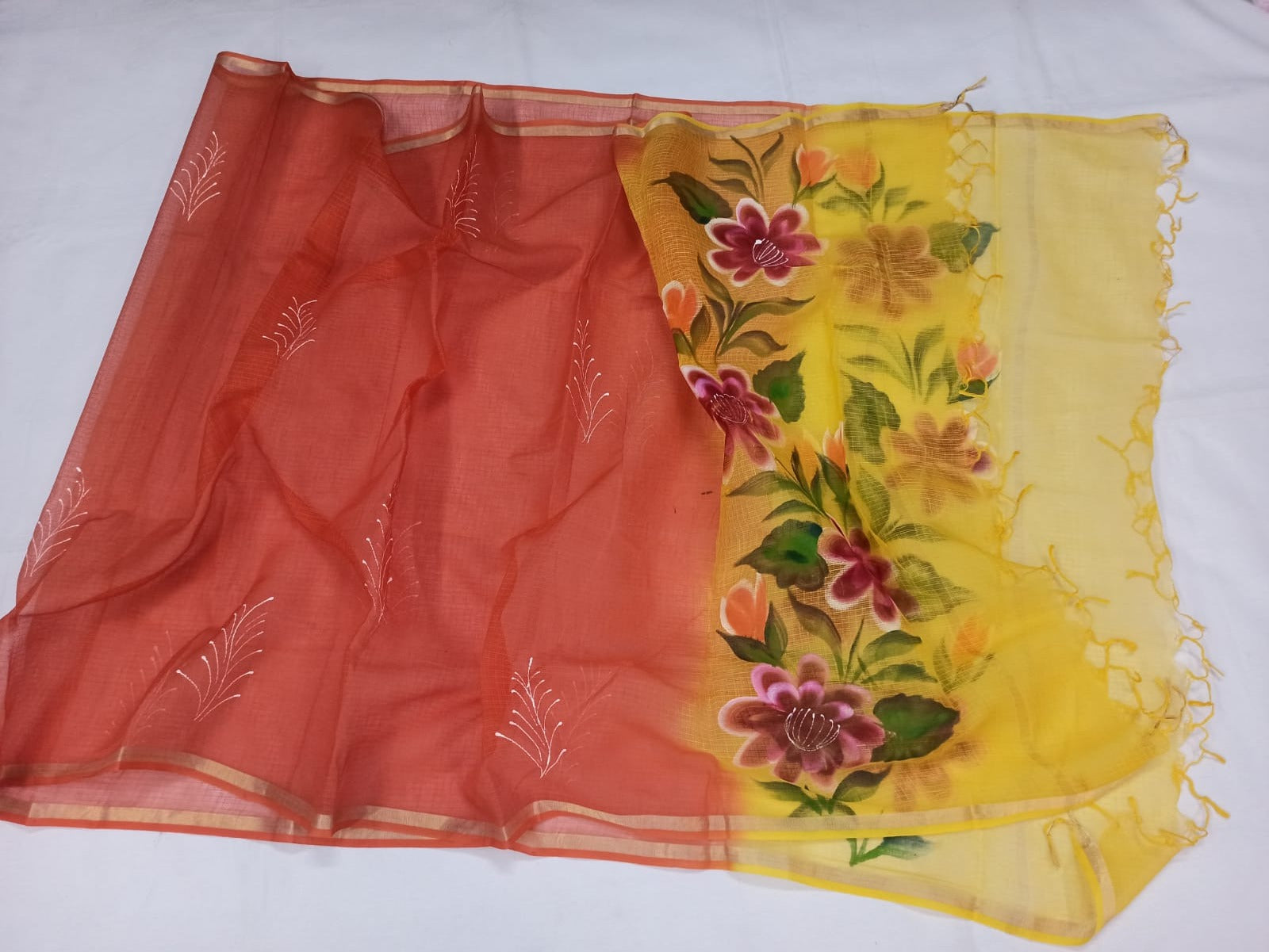Orange Kota Doria Dupatta,Pure Handmade Dupatta Online,Buy Kota Hand Bandhej Dupatta