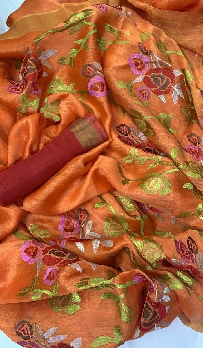 Orange Linen Embroidery Saree, Embroidred Saree, Linen Saree Online